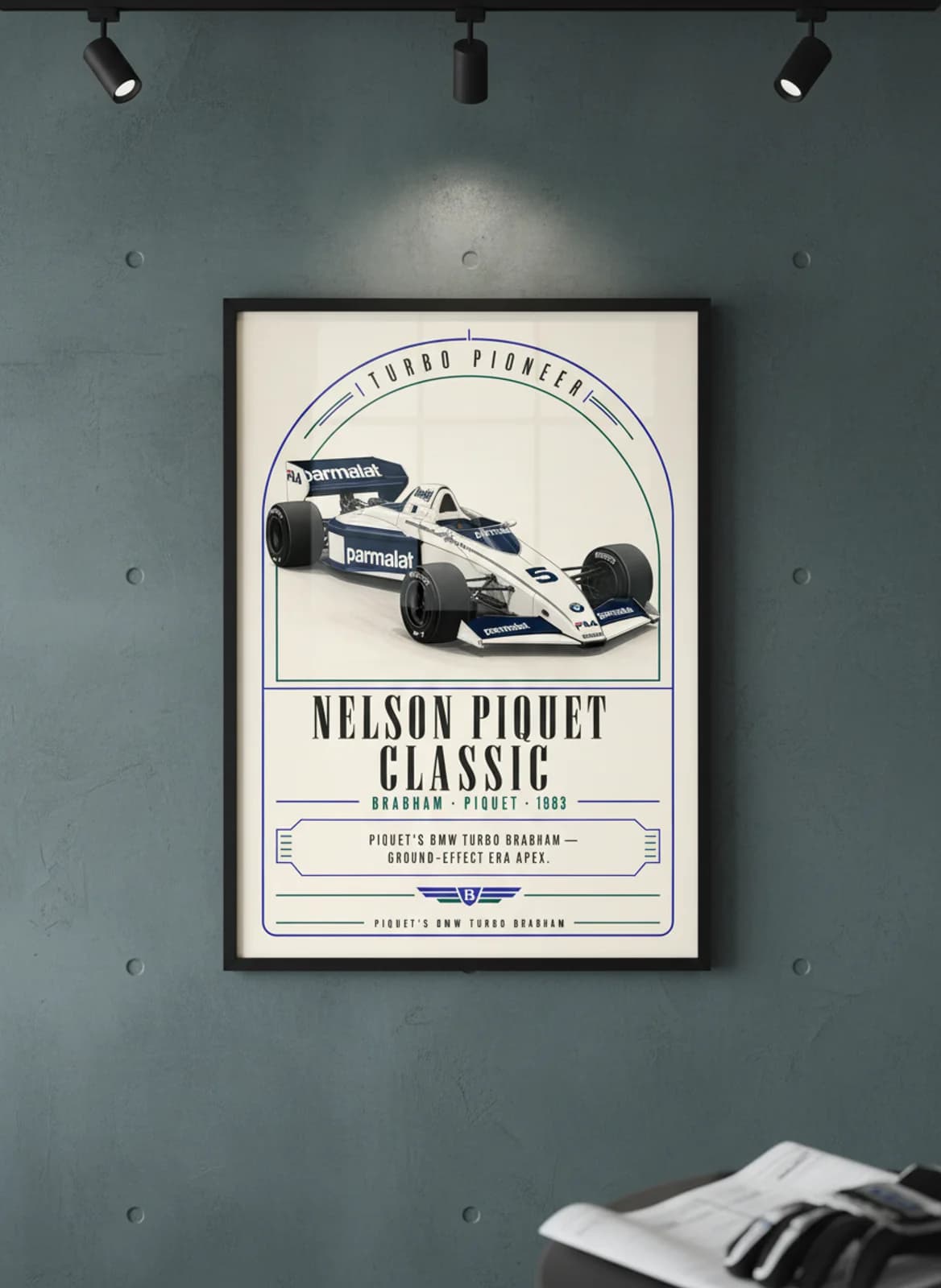 Nelson Piquet — Classic F1 Grid print in black A2 frame on brabham-teal editorial-slate wall — Formula 1 media room mockup