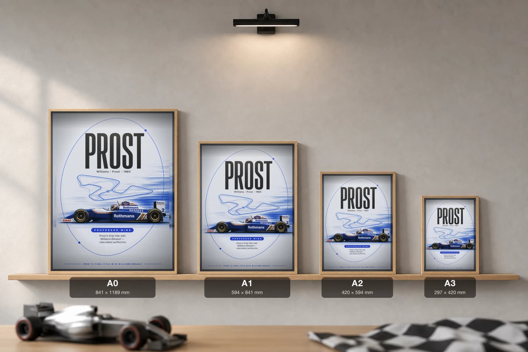 Alain Prost — Alain Prost — classic Williams Racing 93 heritage plate Poster — 93 F1 Grid Editorial Wall Art · framed A2 — print size guide showing the artwork at A0, A1, A2 and A3 in natural-oak frames at true relative scale