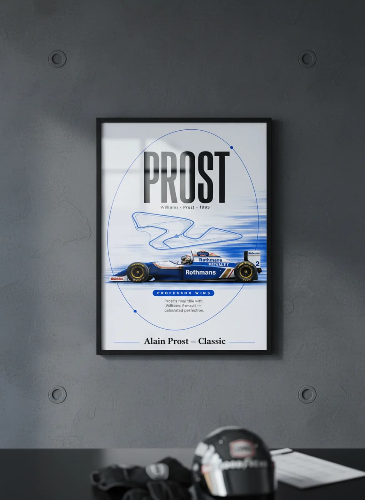 Alain Prost — Classic F1 Grid print in black A2 frame on williams-blue editorial-slate wall — Formula 1 media room mockup