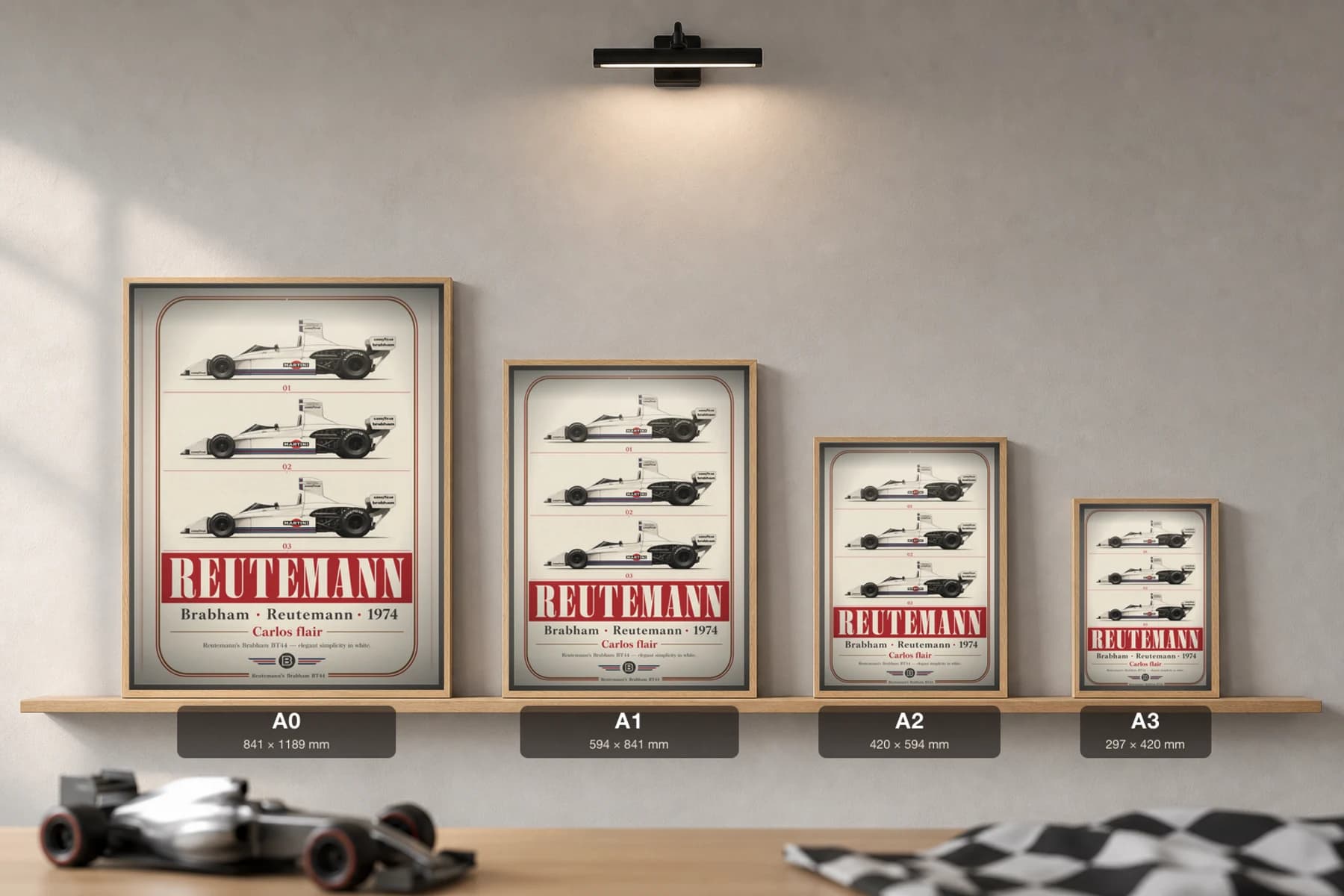Carlos Reutemann — Carlos Reutemann — classic Brabham 74 heritage plate Poster — 74 F1 Grid Editorial Wall Art · framed A2 — print size guide showing the artwork at A0, A1, A2 and A3 in natural-oak frames at true relative scale