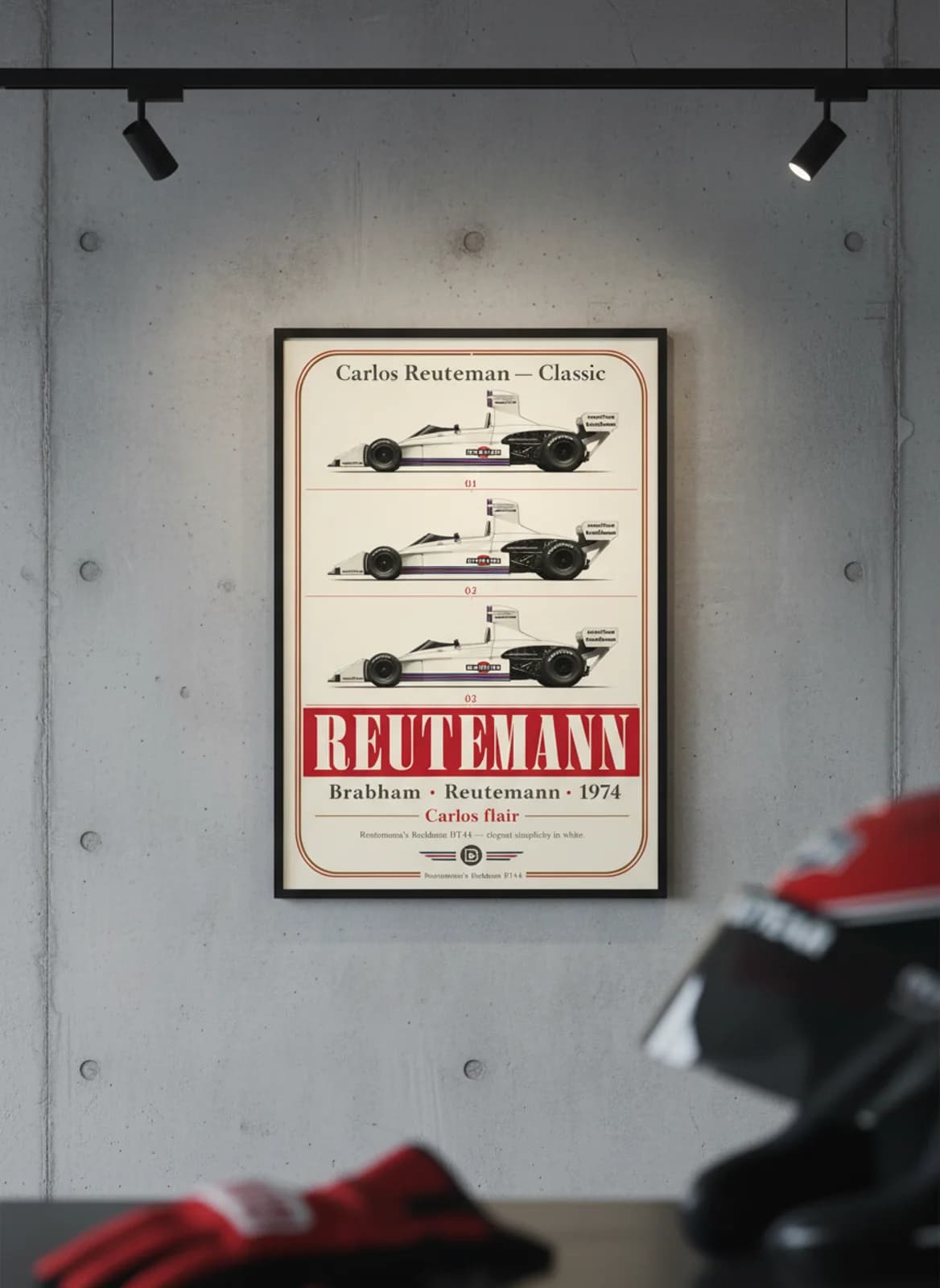 Carlos Reutemann — Classic F1 Grid print in black A2 frame on brabham-teal editorial-slate wall — Formula 1 media room mockup