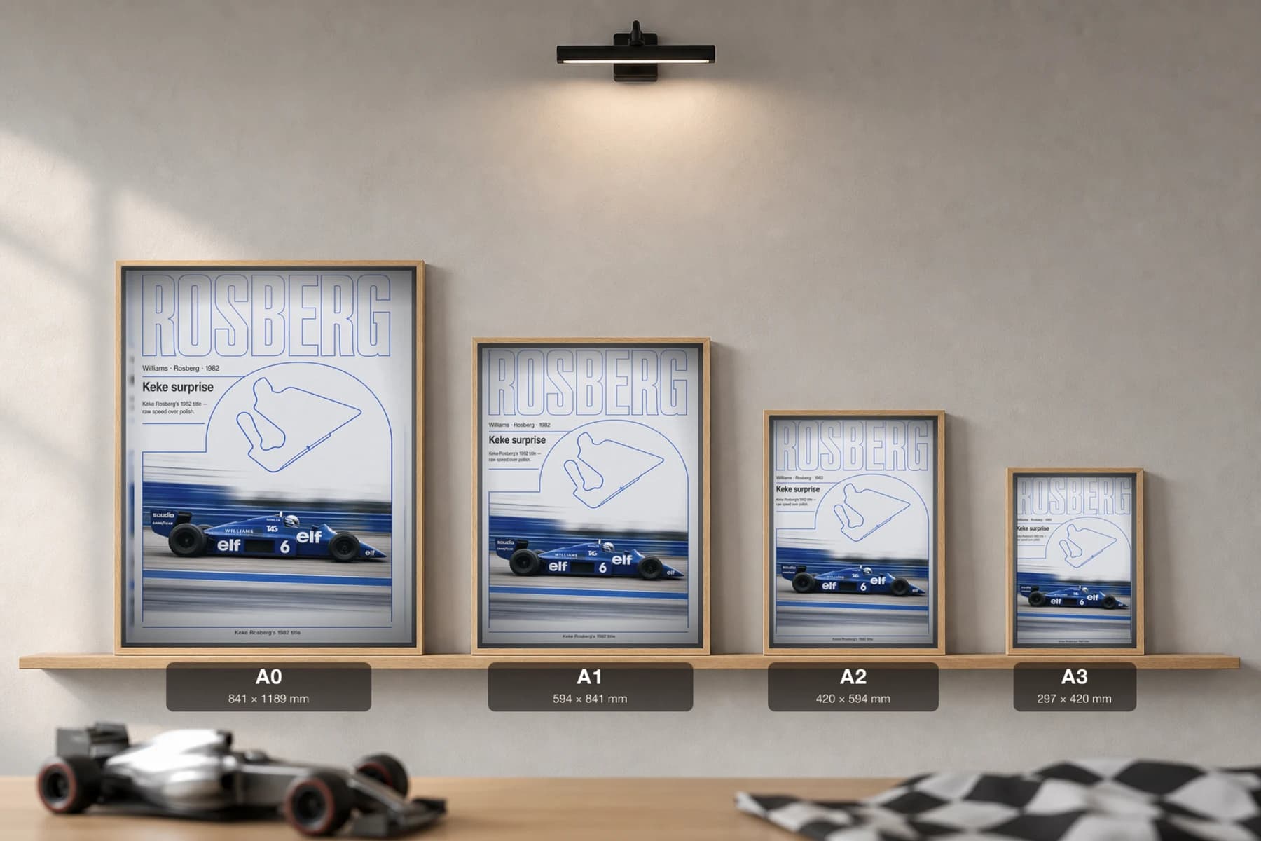 Keke Rosberg — Keke Rosberg — classic Williams Racing 82 heritage plate Poster — 82 F1 Grid Editorial Wall Art · framed A2 — print size guide showing the artwork at A0, A1, A2 and A3 in natural-oak frames at true relative scale
