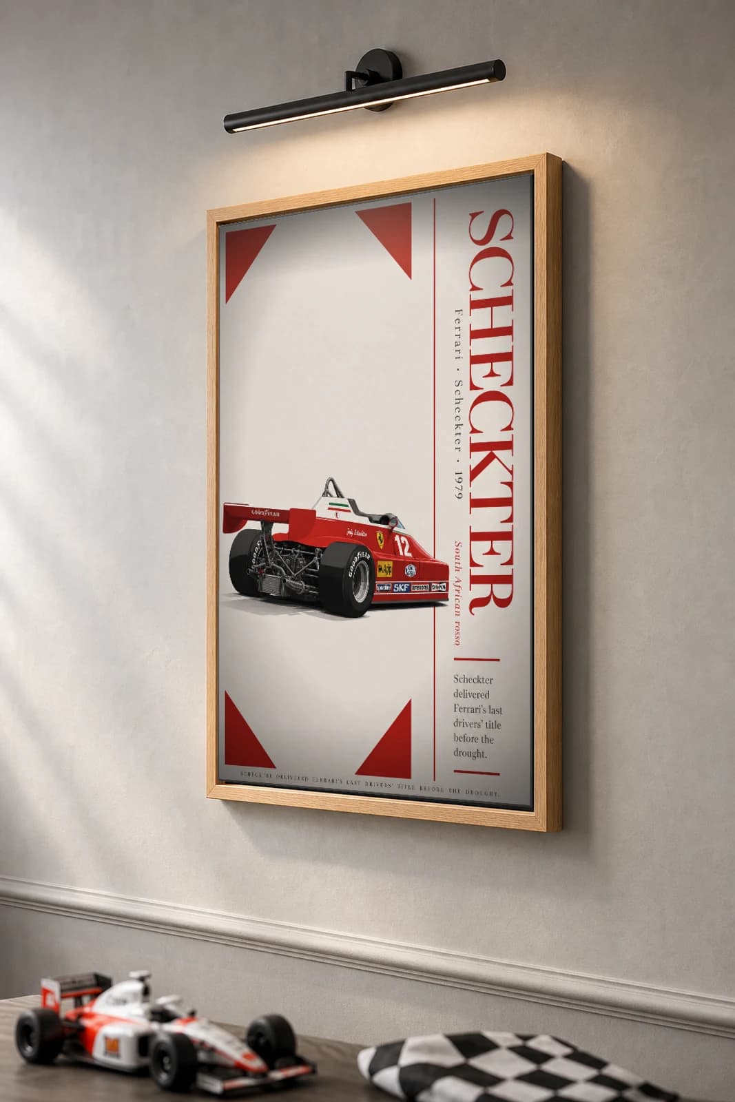 Jody Scheckter — Jody Scheckter — classic Ferrari 79 heritage plate Poster — 79 F1 Grid Editorial Wall Art · framed A2 — the framed print shown at a three-quarter angle on a styled gallery wall in a natural-oak frame
