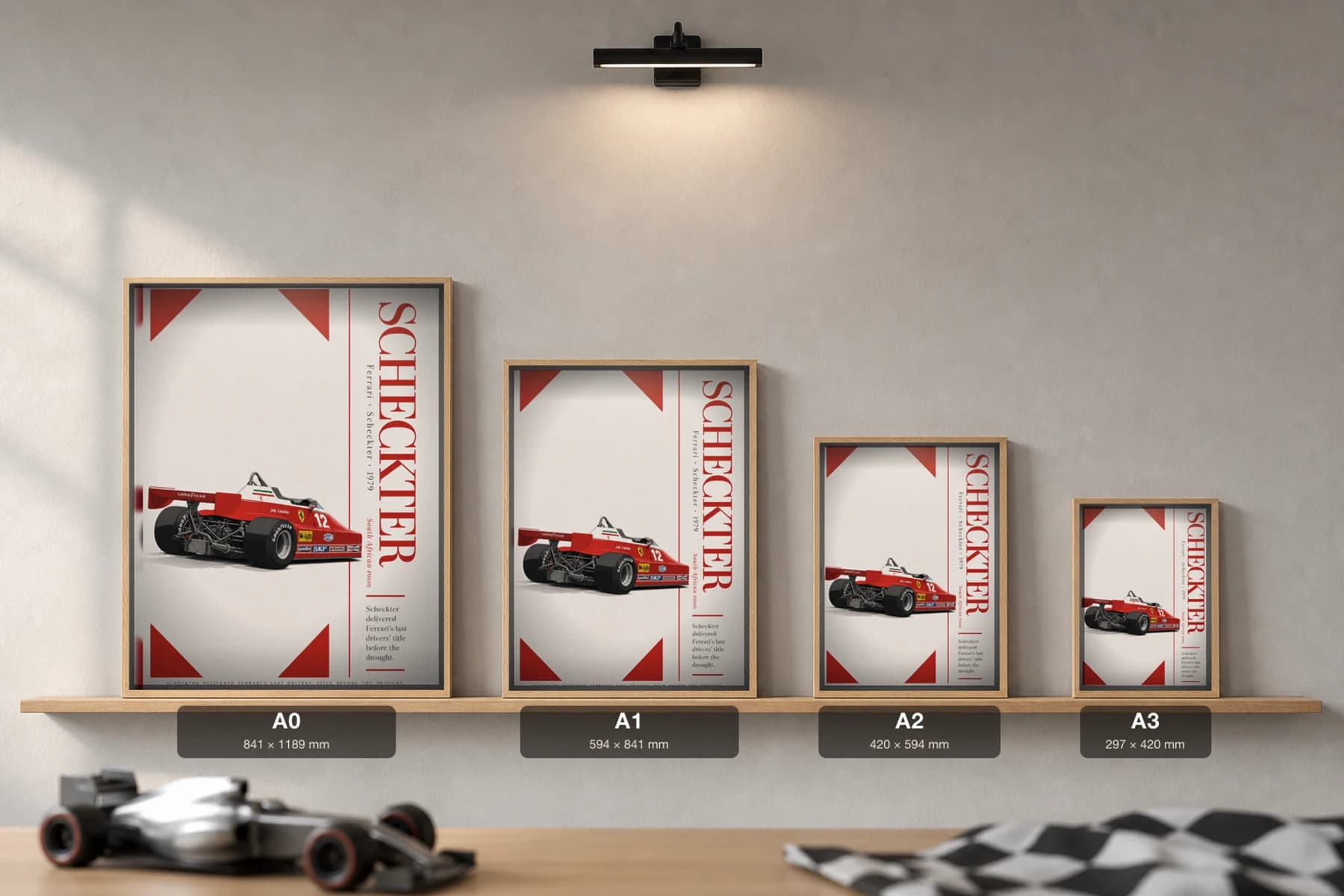 Jody Scheckter — Jody Scheckter — classic Ferrari 79 heritage plate Poster — 79 F1 Grid Editorial Wall Art · framed A2 — print size guide showing the artwork at A0, A1, A2 and A3 in natural-oak frames at true relative scale