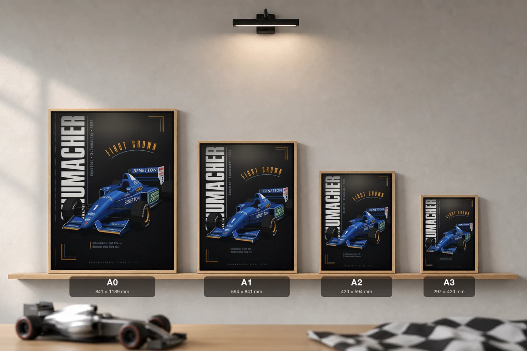 Michael Schumacher — Michael Schumacher — classic Benetton 94 heritage plate Poster — 94 F1 Grid Editorial Wall Art · framed A2 — print size guide showing the artwork at A0, A1, A2 and A3 in natural-oak frames at true relative scale