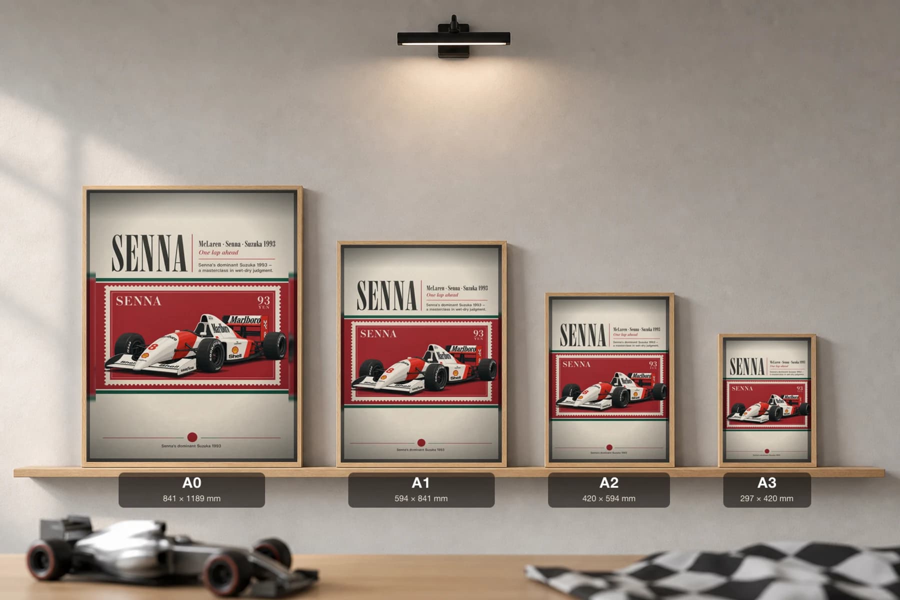 Ayrton Senna — Ayrton Senna — classic Suzuka 93 heritage plate Poster — 93 F1 Grid Editorial Wall Art · framed A2 — print size guide showing the artwork at A0, A1, A2 and A3 in natural-oak frames at true relative scale