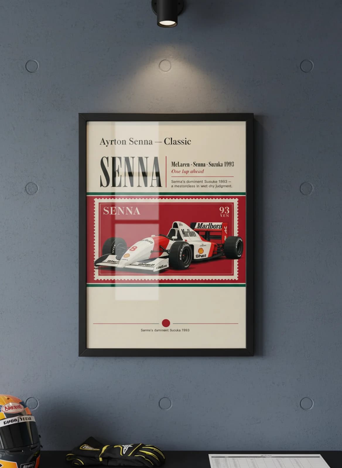 Ayrton Senna — Classic F1 Grid print in black A2 frame on constructor-accent editorial-slate wall — Formula 1 media room mockup
