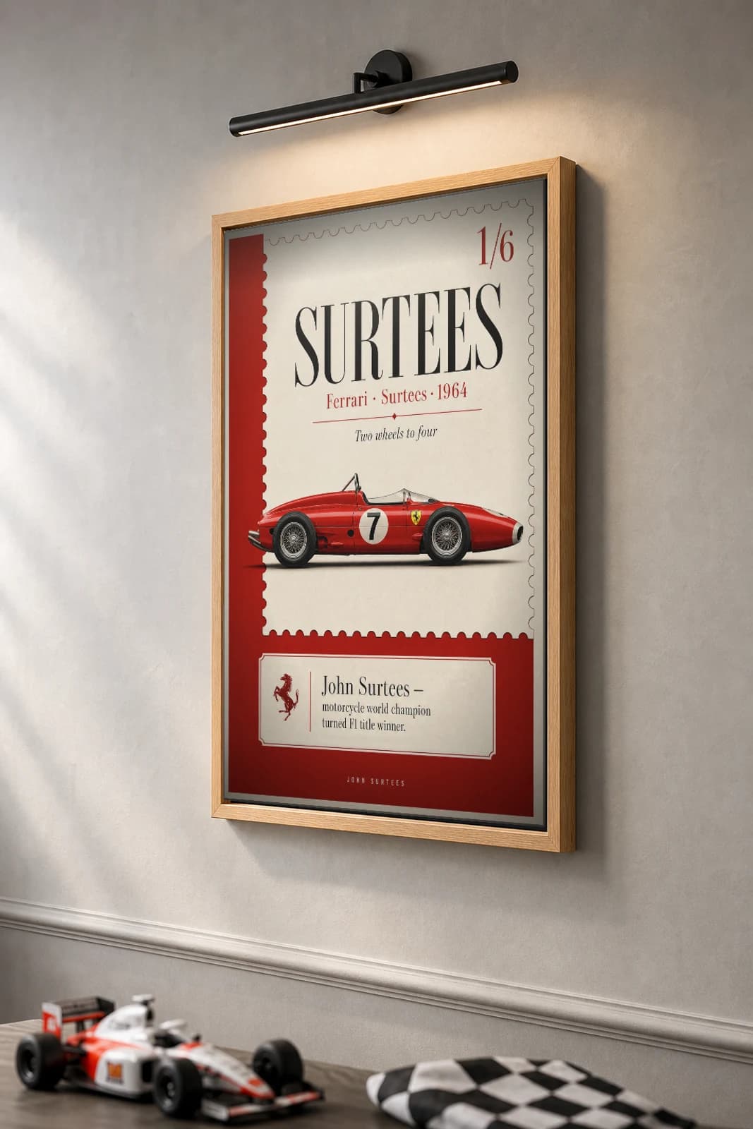 John Surtees — John Surtees — classic Ferrari 64 heritage plate Poster — 64 F1 Grid Editorial Wall Art · framed A2 — the framed print shown at a three-quarter angle on a styled gallery wall in a natural-oak frame