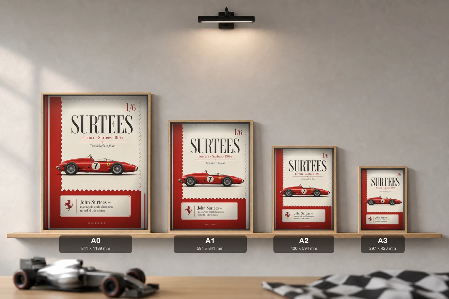John Surtees — John Surtees — classic Ferrari 64 heritage plate Poster — 64 F1 Grid Editorial Wall Art · framed A2 — print size guide showing the artwork at A0, A1, A2 and A3 in natural-oak frames at true relative scale