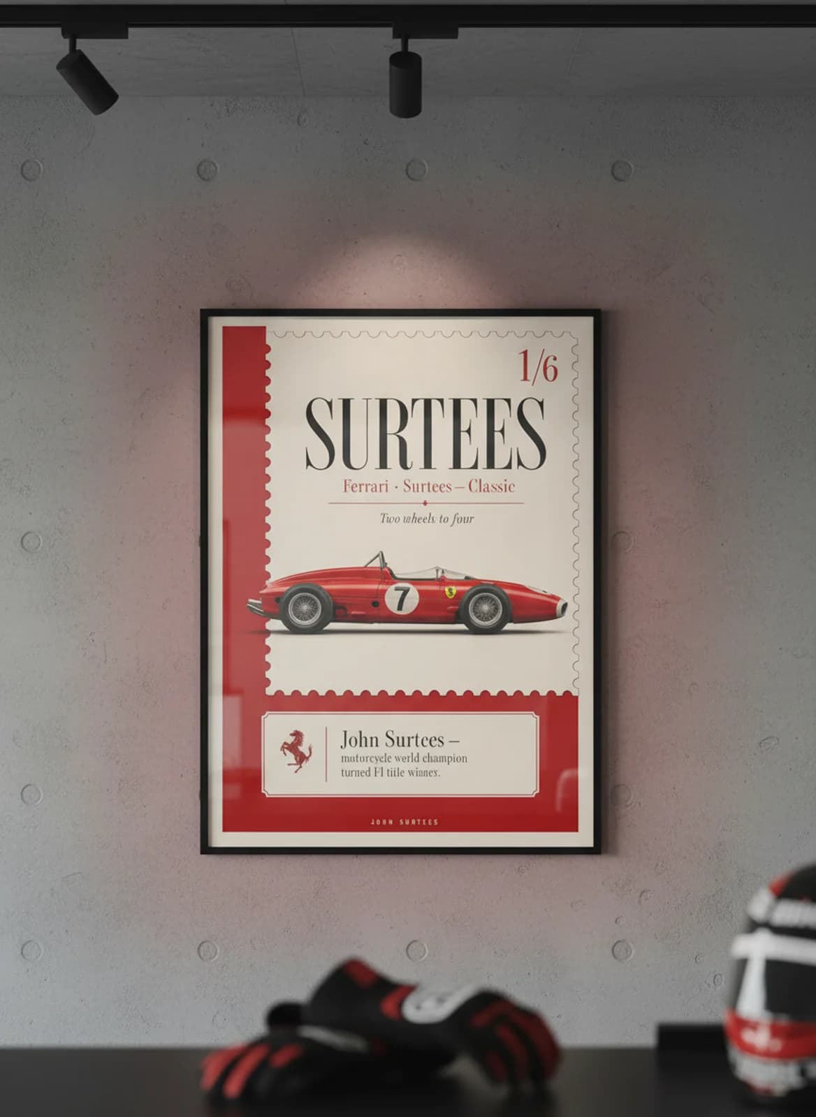 John Surtees — Classic F1 Grid print in black A2 frame on rosso-corsa editorial-slate wall — Formula 1 media room mockup