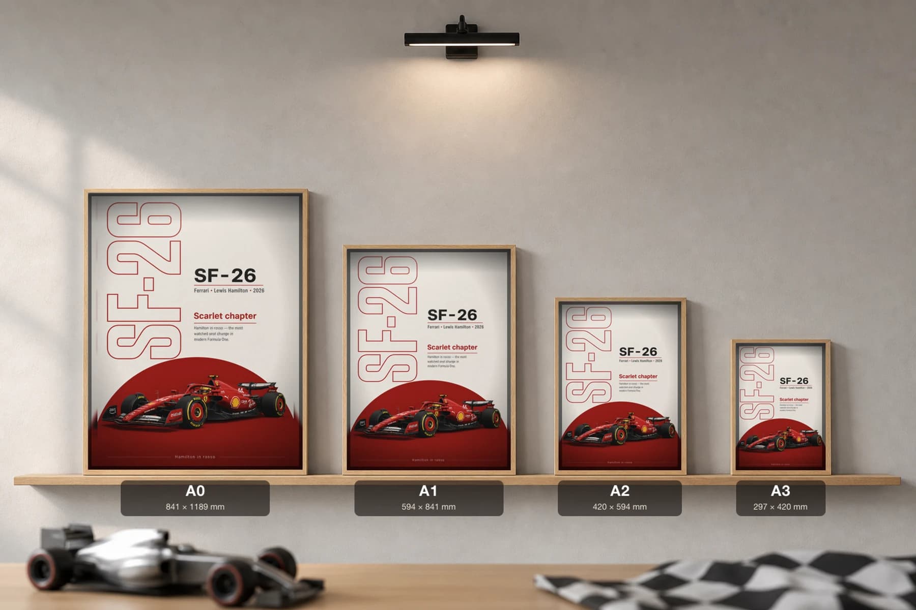 Ferrari SF-26 — Lewis Hamilton Poster — undefined F1 Grid Editorial Wall Art · framed A2 — print size guide showing the artwork at A0, A1, A2 and A3 in natural-oak frames at true relative scale