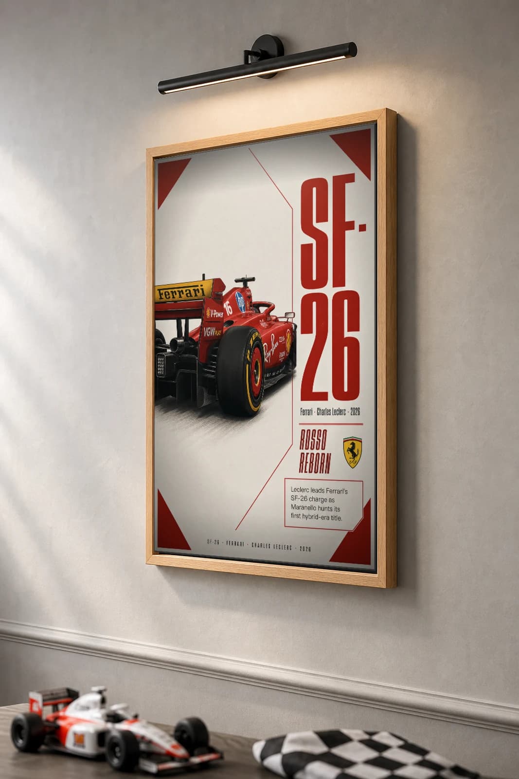 Ferrari SF-26 — Charles Leclerc Poster — undefined F1 Grid Editorial Wall Art · framed A2 — the framed print shown at a three-quarter angle on a styled gallery wall in a natural-oak frame