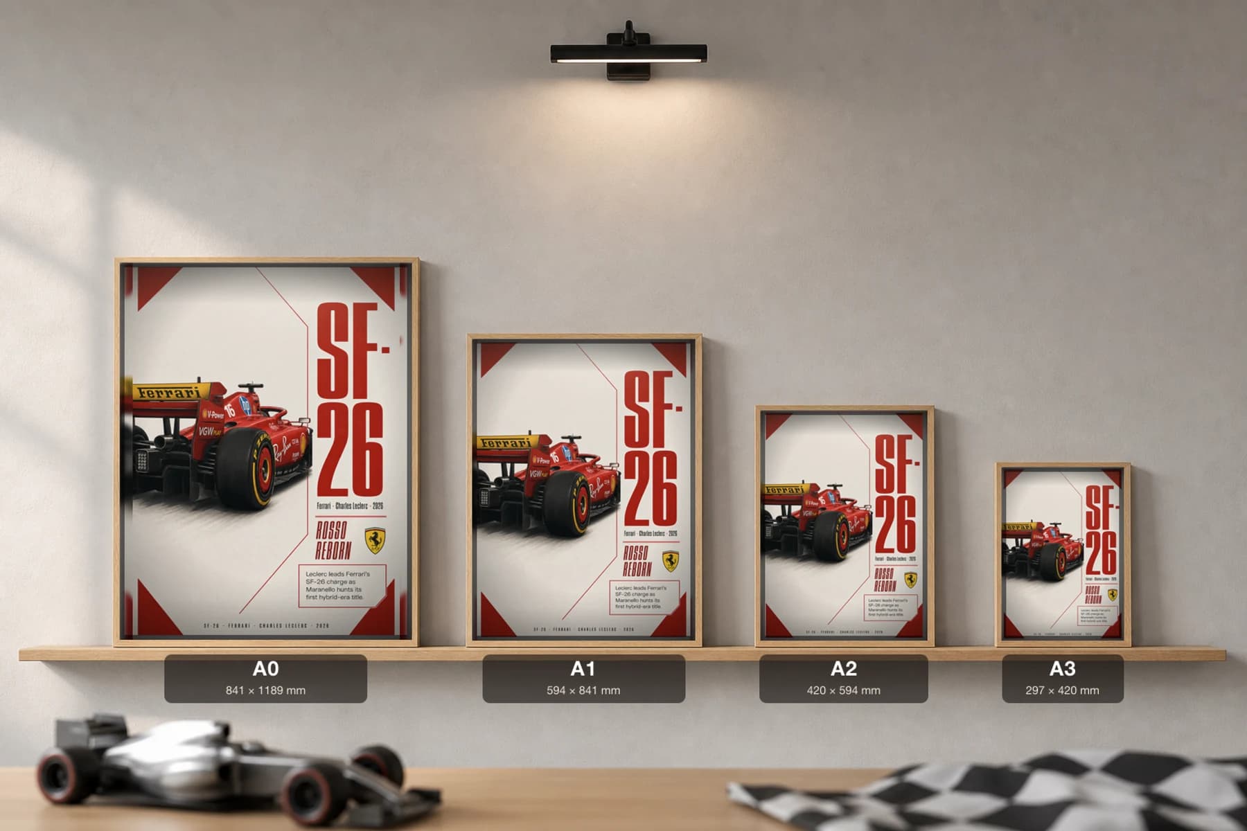 Ferrari SF-26 — Charles Leclerc Poster — undefined F1 Grid Editorial Wall Art · framed A2 — print size guide showing the artwork at A0, A1, A2 and A3 in natural-oak frames at true relative scale