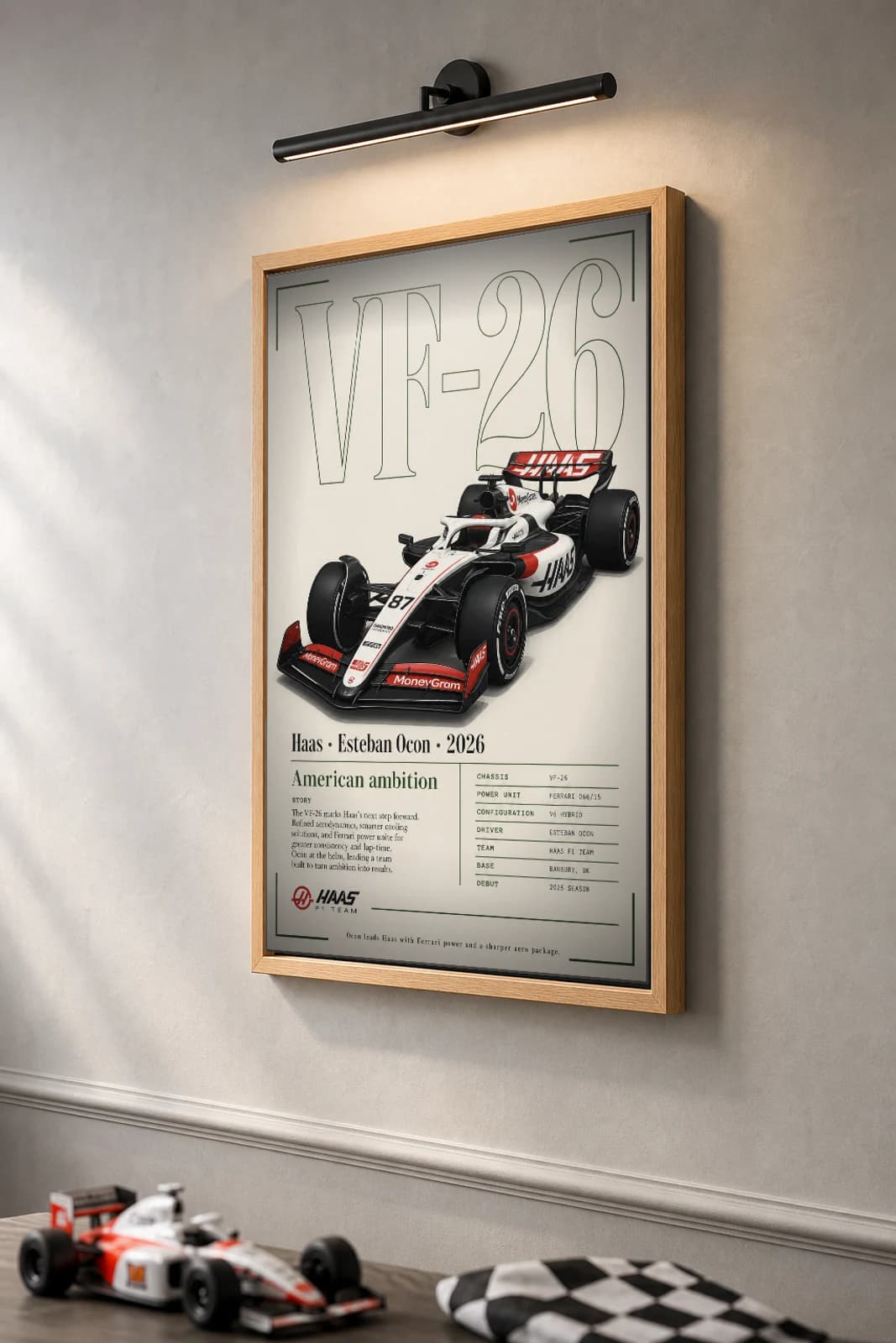 Haas F1 Team VF-26 — Esteban Ocon Poster — undefined F1 Grid Editorial Wall Art · framed A2 — the framed print shown at a three-quarter angle on a styled gallery wall in a natural-oak frame