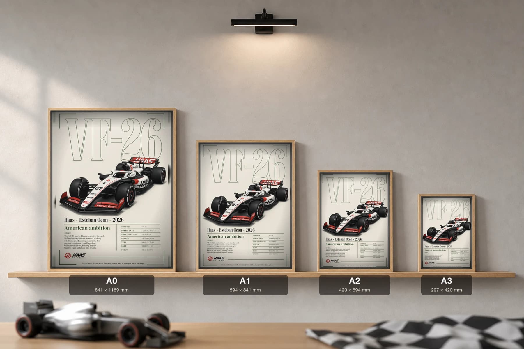 Haas F1 Team VF-26 — Esteban Ocon Poster — undefined F1 Grid Editorial Wall Art · framed A2 — print size guide showing the artwork at A0, A1, A2 and A3 in natural-oak frames at true relative scale