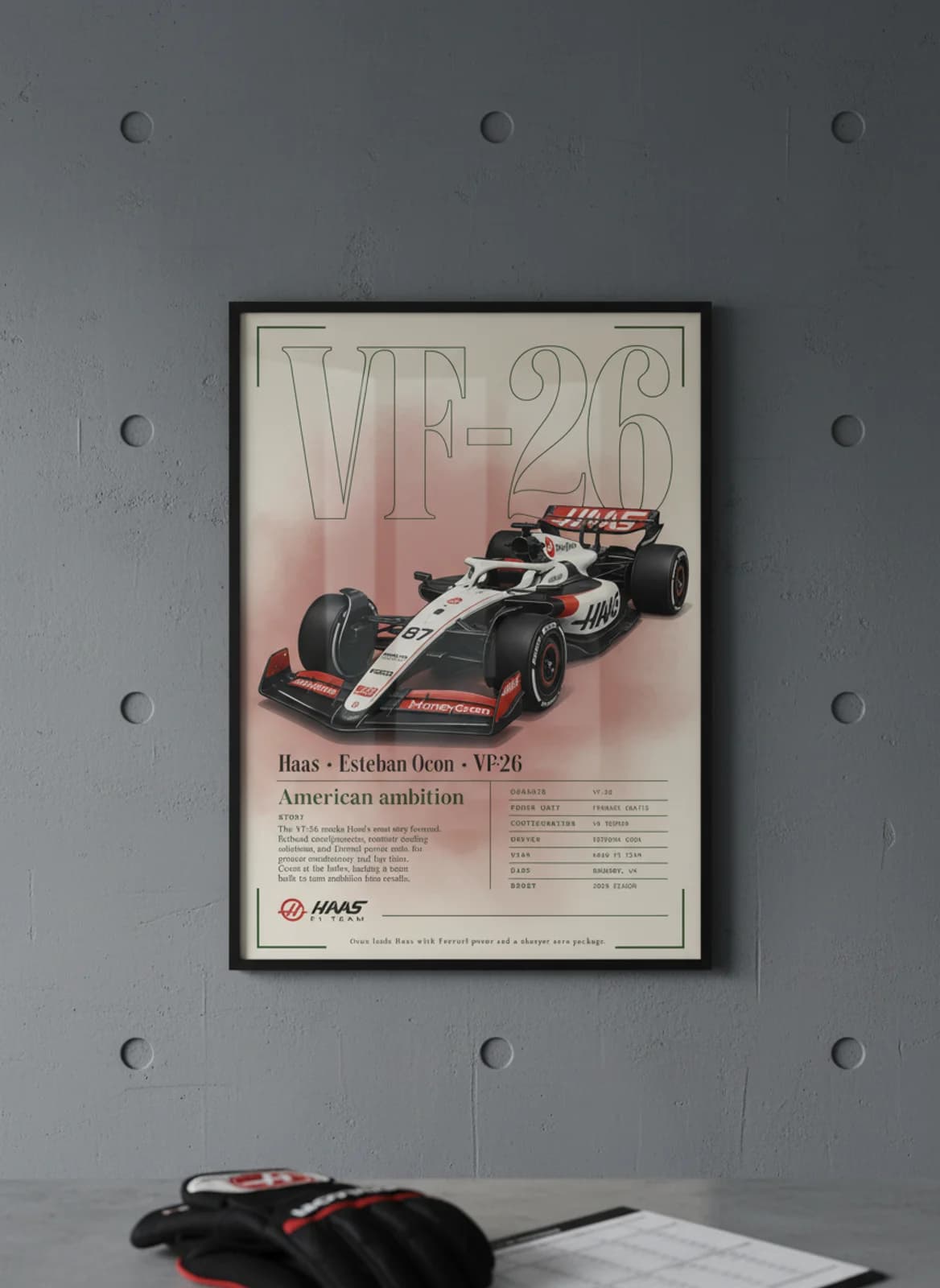 Esteban Ocon — VF-26 F1 Grid print in black A2 frame on haas-red-white editorial-slate wall — Formula 1 media room mockup