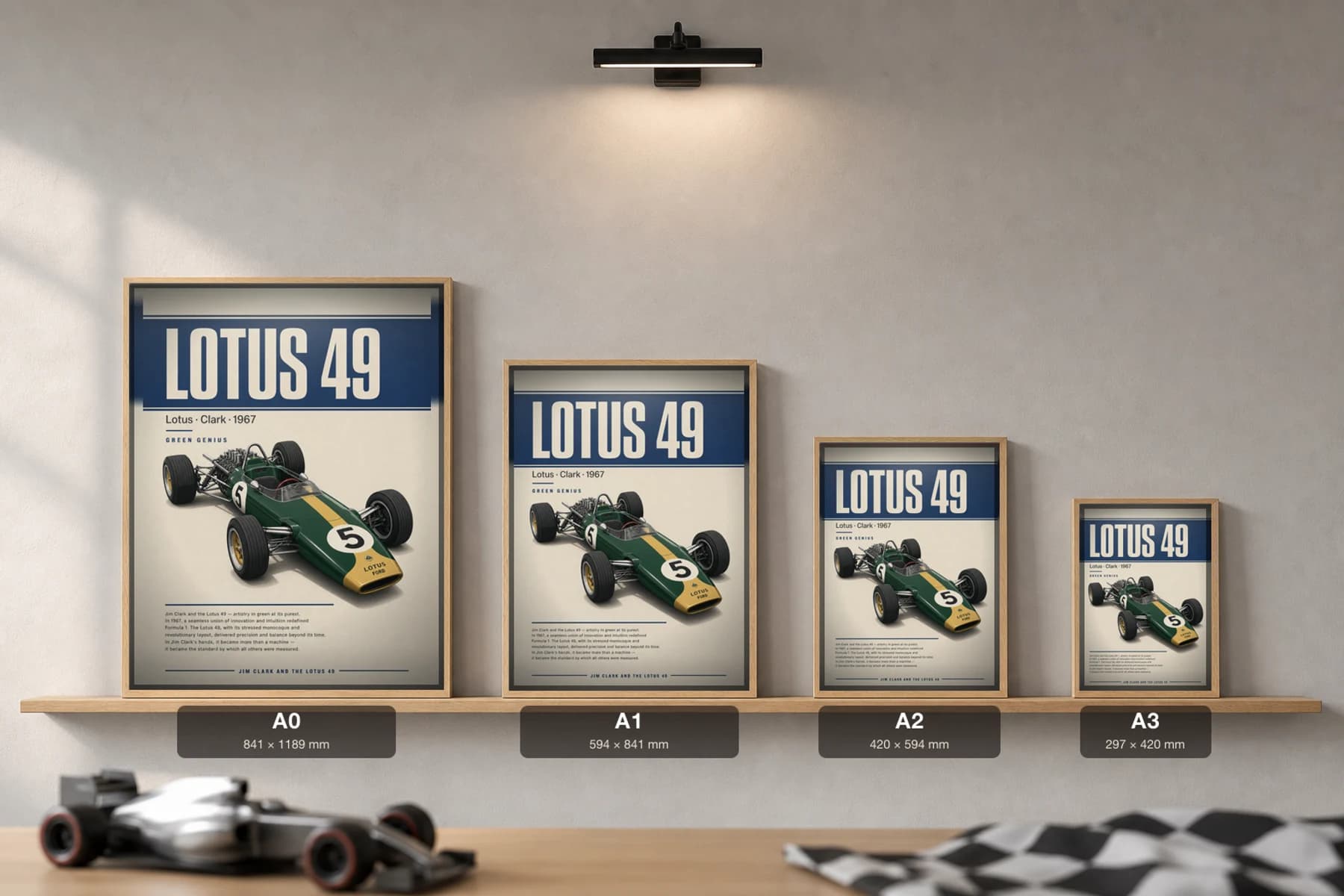 Jim Clark — Lotus 49 pioneer season Poster — 1967 F1 Grid Editorial Wall Art · framed A2 — print size guide showing the artwork at A0, A1, A2 and A3 in natural-oak frames at true relative scale