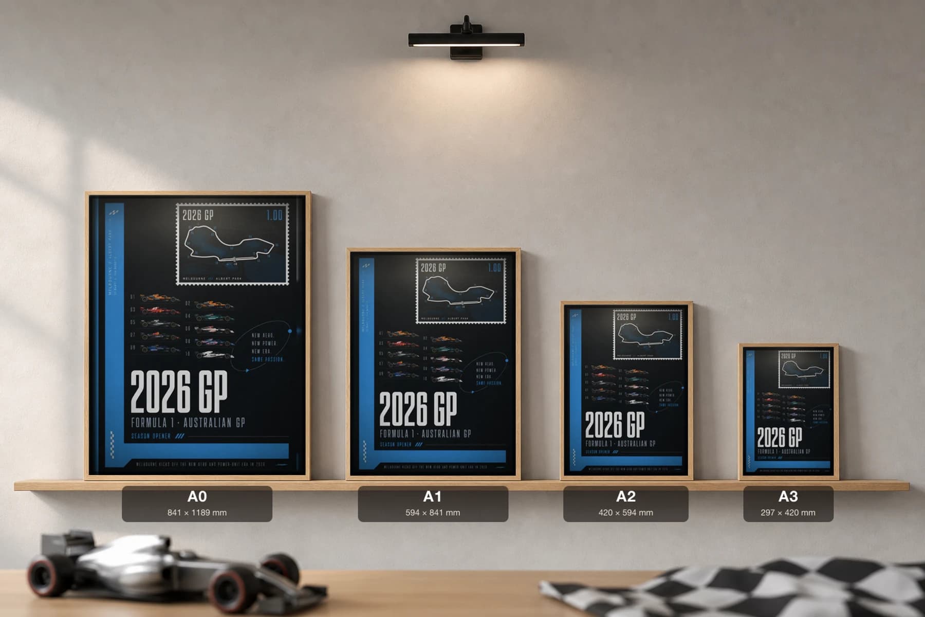 2026 Grid — 2026 Australian Grand Prix opener Poster — 2026 F1 Grid Editorial Wall Art · framed A2 — print size guide showing the artwork at A0, A1, A2 and A3 in natural-oak frames at true relative scale