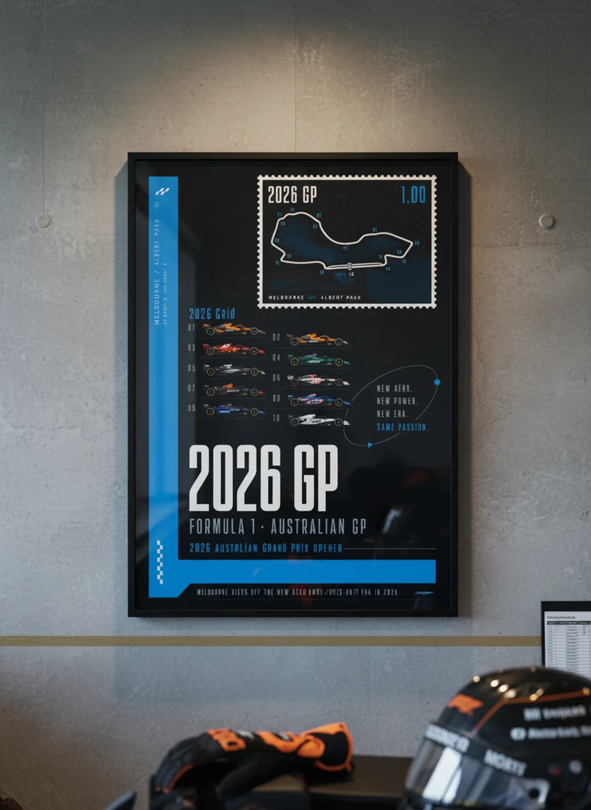 2026 Grid — 2026 Australian Grand Prix opener F1 Grid print in black A2 frame on gold-seal-accent editorial-slate wall — Formula 1 media room mockup