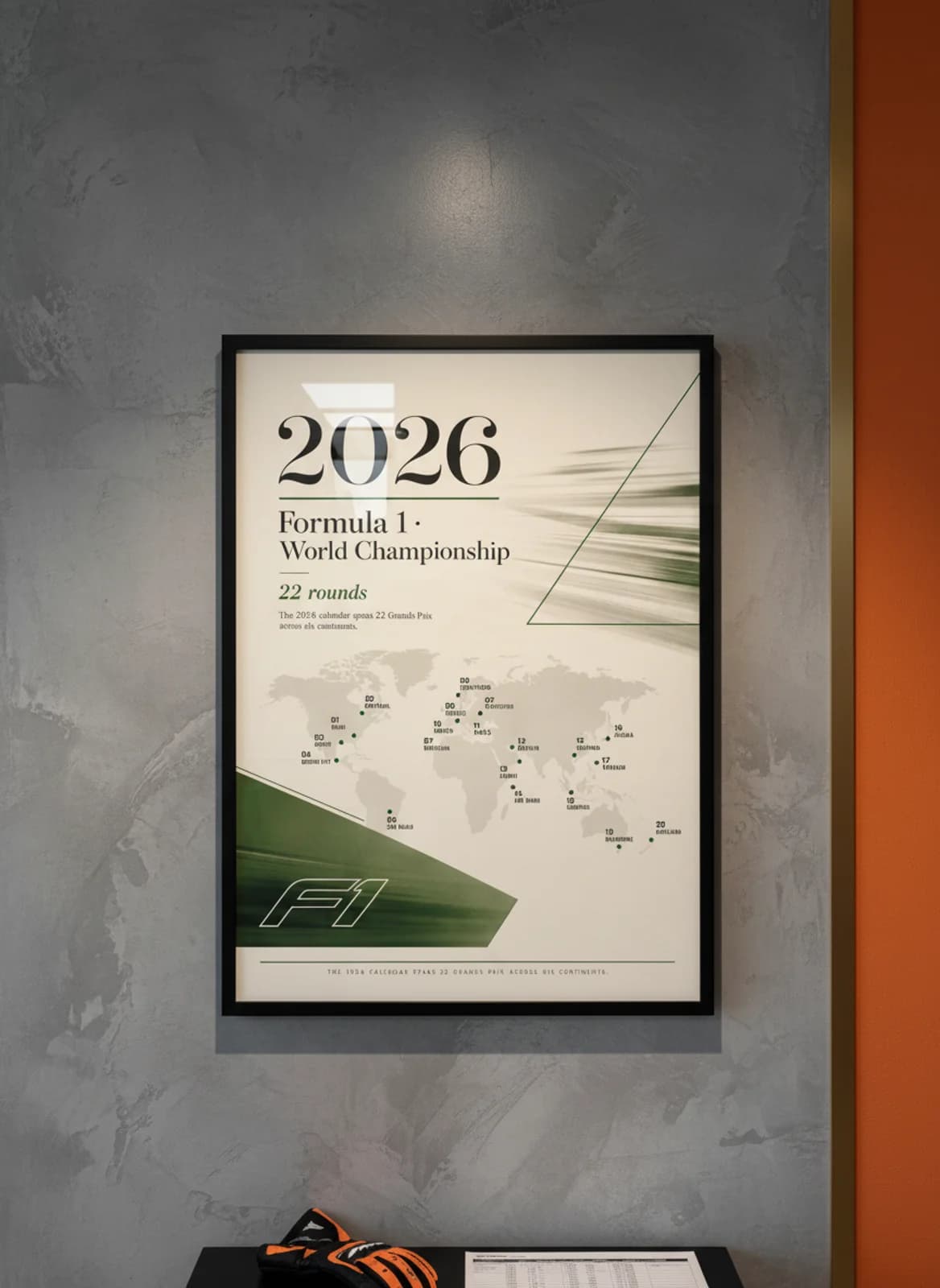 2026 Season — 2026 F1 calendar grid F1 Grid print in black A2 frame on gold-seal-accent editorial-slate wall — Formula 1 media room mockup