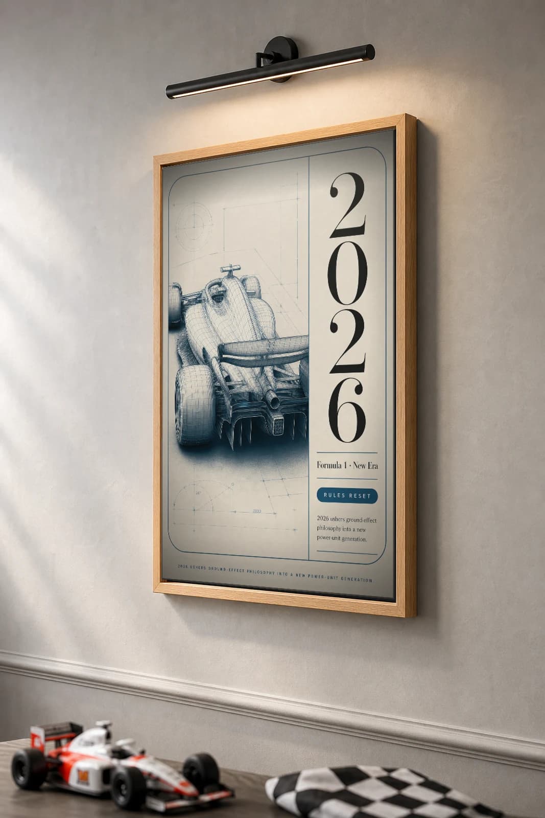 2026 Regulations — Ground-effect era technical evolution Poster — 2026 F1 Grid Editorial Wall Art · framed A2 — the framed print shown at a three-quarter angle on a styled gallery wall in a natural-oak frame
