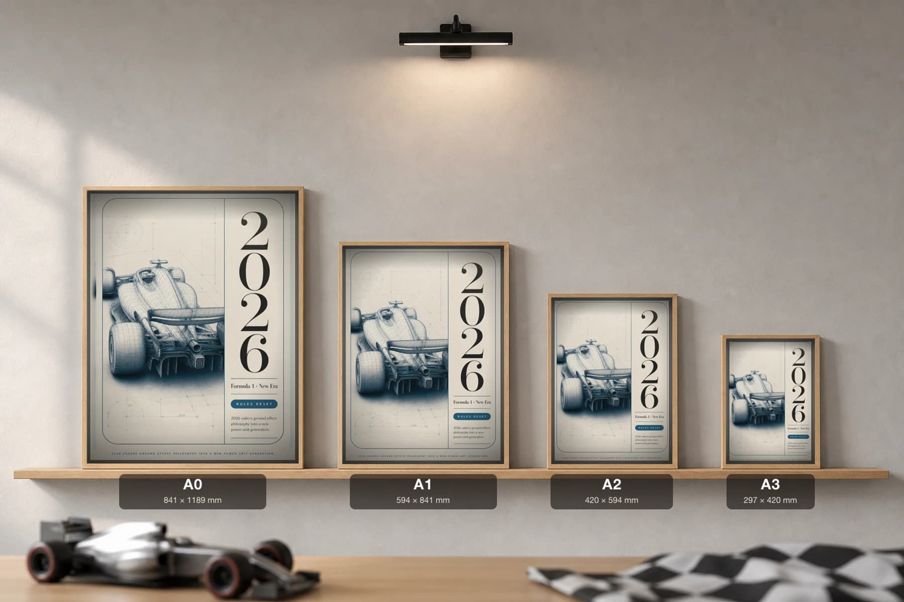 2026 Regulations — Ground-effect era technical evolution Poster — 2026 F1 Grid Editorial Wall Art · framed A2 — print size guide showing the artwork at A0, A1, A2 and A3 in natural-oak frames at true relative scale