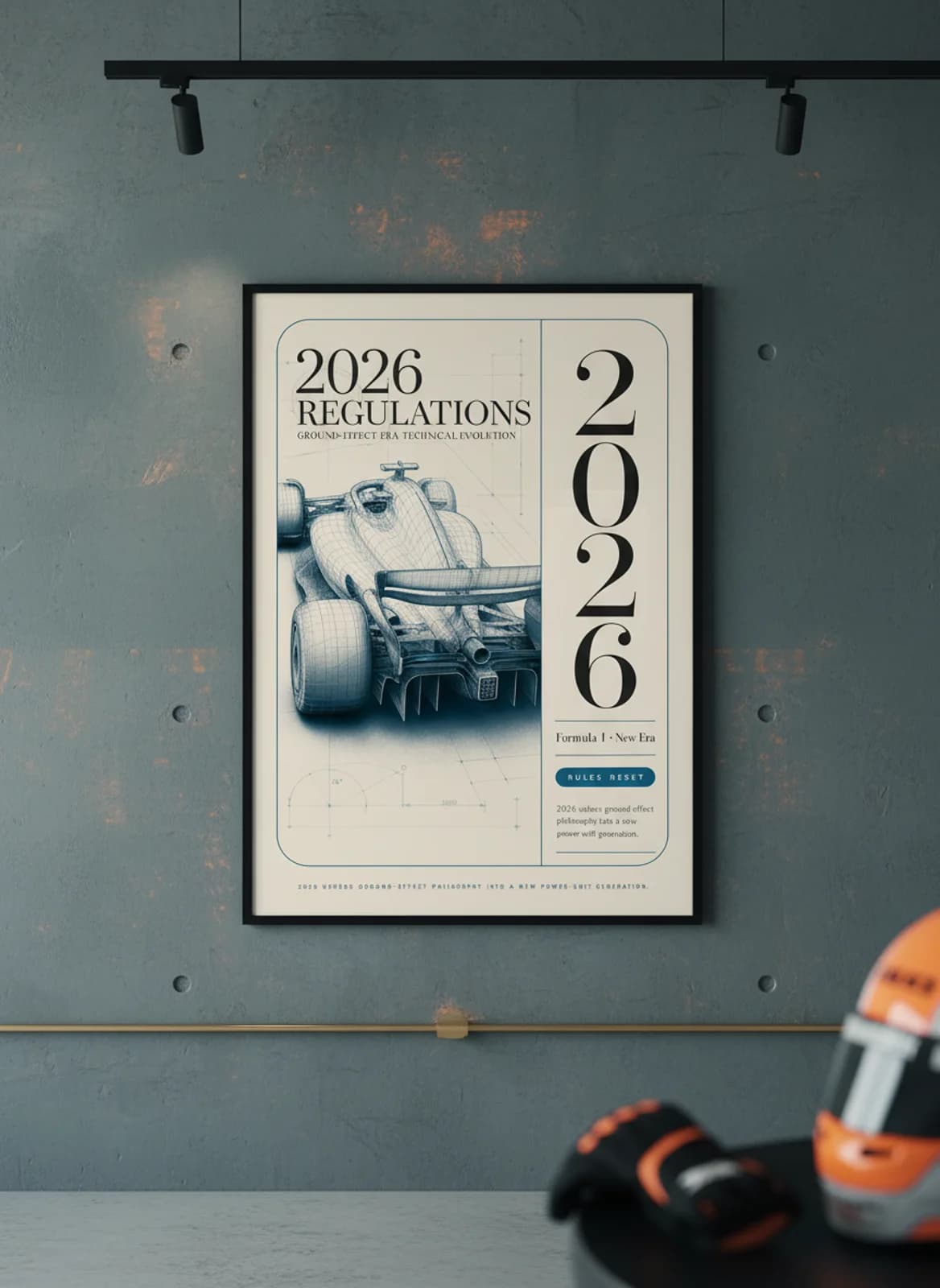 2026 Regulations — Ground-effect era technical evolution F1 Grid print in black A2 frame on gold-seal-accent editorial-slate wall — Formula 1 media room mockup