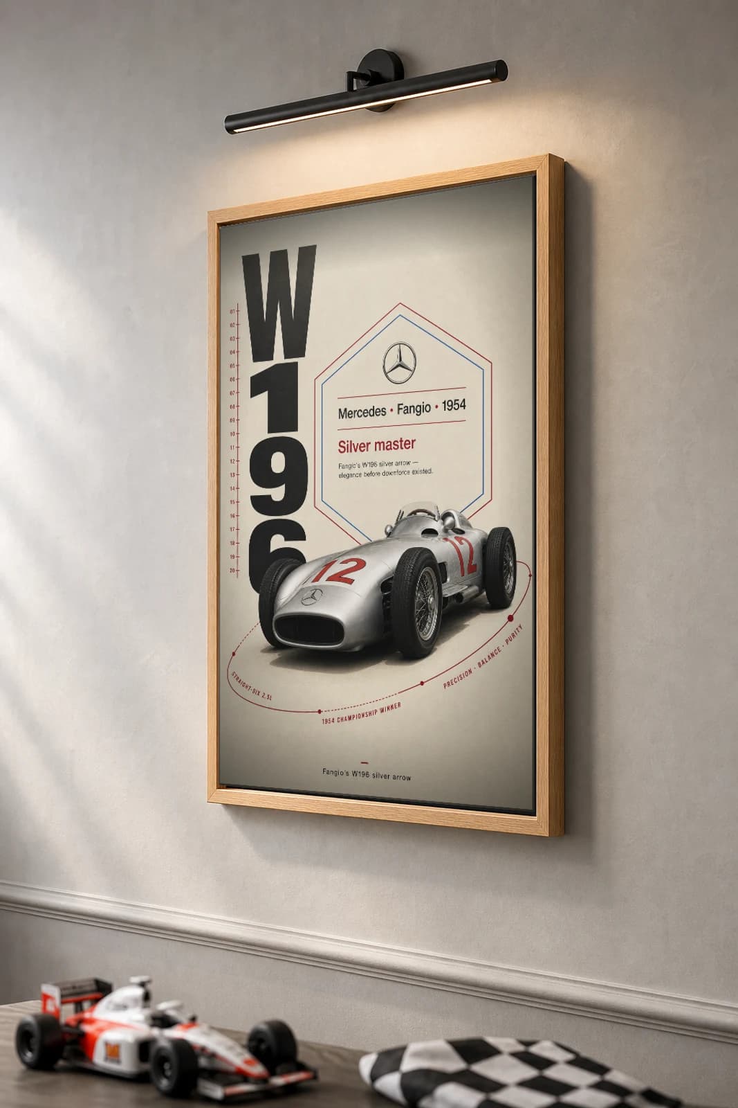 Juan Manuel Fangio — Silver Arrow W196 mastery Poster — 1954 F1 Grid Editorial Wall Art · framed A2 — the framed print shown at a three-quarter angle on a styled gallery wall in a natural-oak frame