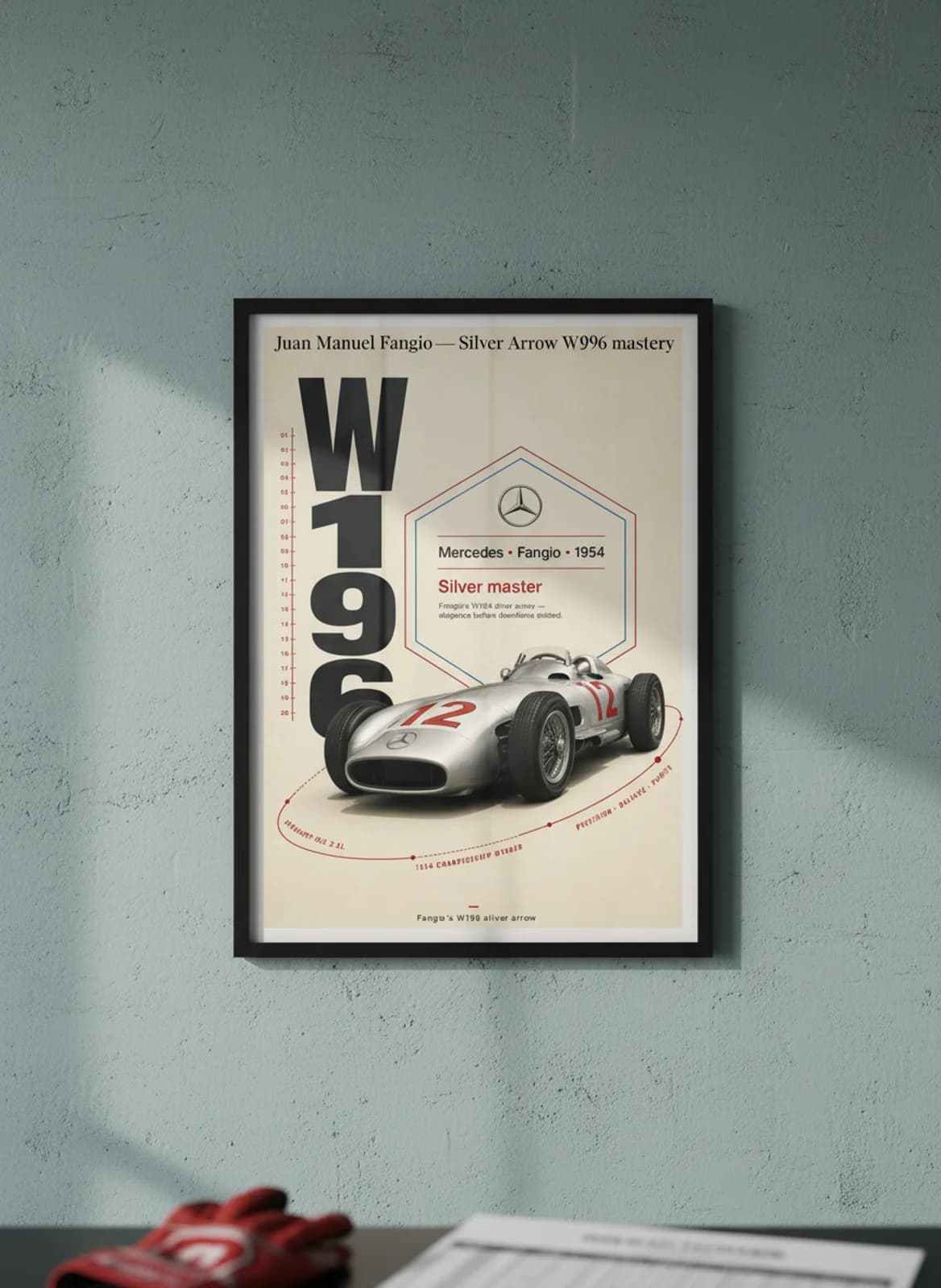Juan Manuel Fangio — Silver Arrow W196 mastery F1 Grid print in black A2 frame on gold-seal-accent editorial-slate wall — Formula 1 media room mockup