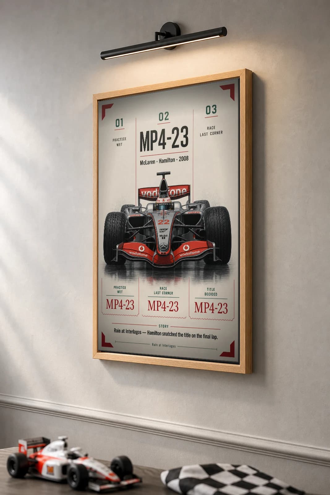 Lewis Hamilton — Brazil 2008 last-corner title Poster — 2008 F1 Grid Editorial Wall Art · framed A2 — the framed print shown at a three-quarter angle on a styled gallery wall in a natural-oak frame