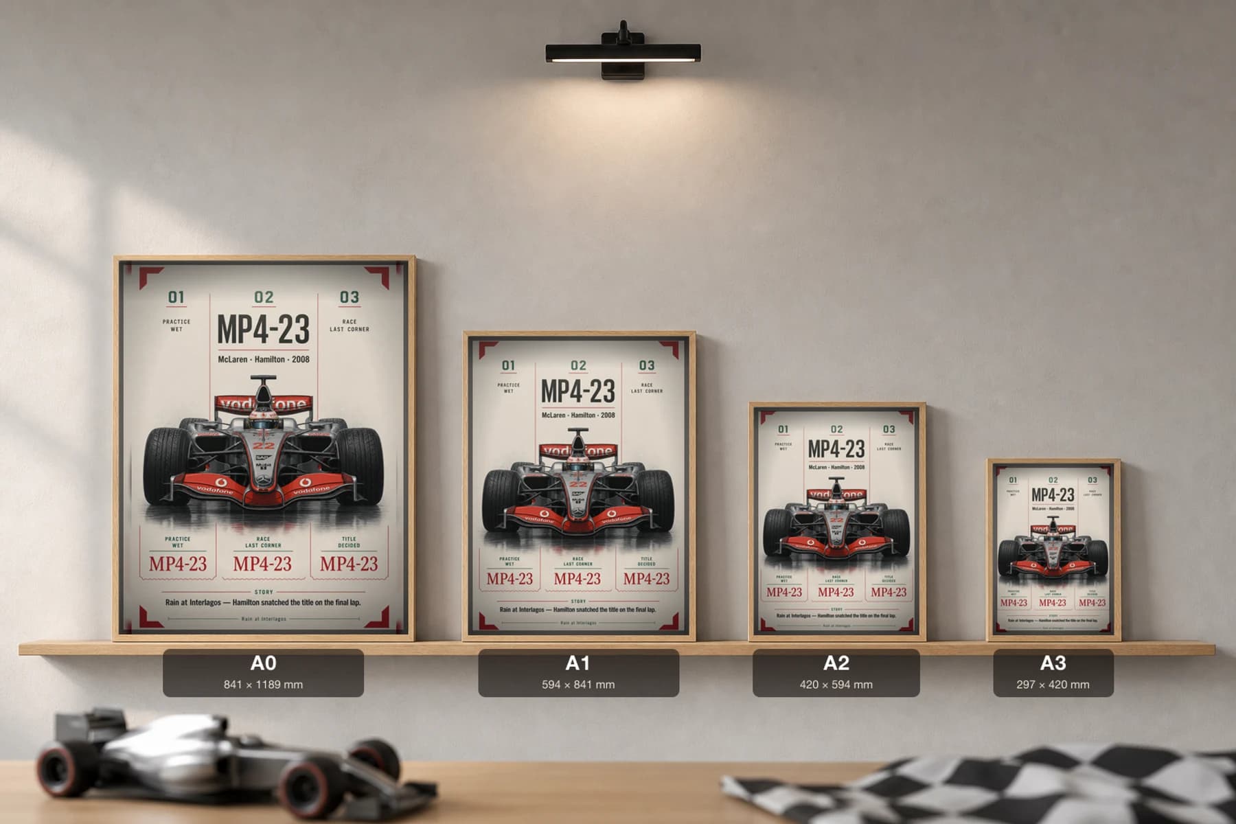 Lewis Hamilton — Brazil 2008 last-corner title Poster — 2008 F1 Grid Editorial Wall Art · framed A2 — print size guide showing the artwork at A0, A1, A2 and A3 in natural-oak frames at true relative scale