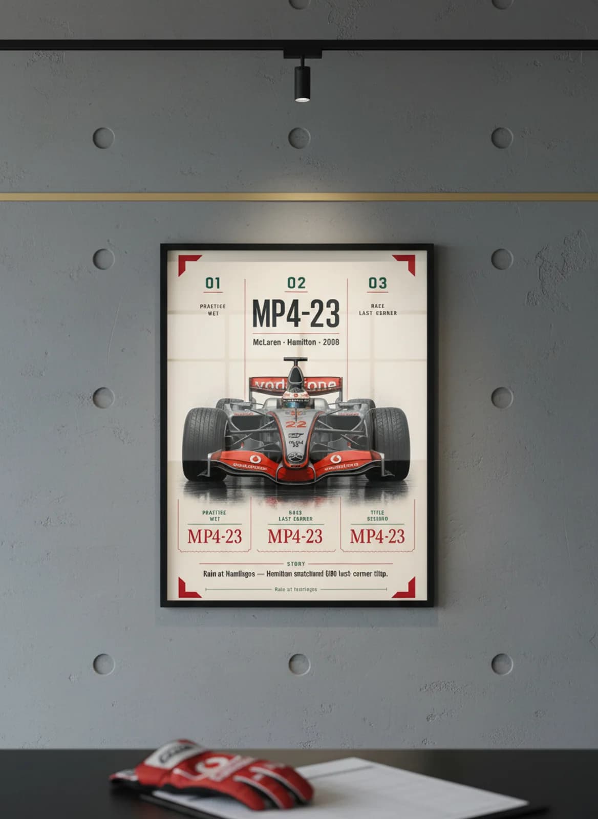 Lewis Hamilton — Brazil 2008 last-corner title F1 Grid print in black A2 frame on gold-seal-accent editorial-slate wall — Formula 1 media room mockup