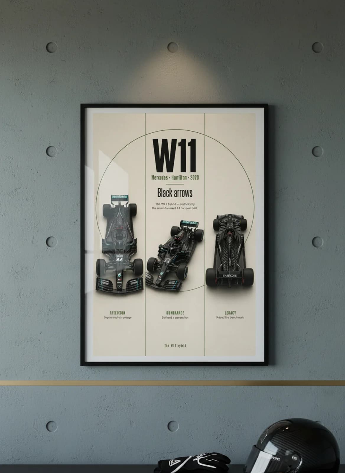 Lewis Hamilton — Mercedes W11 record season F1 Grid print in black A2 frame on gold-seal-accent editorial-slate wall — Formula 1 media room mockup