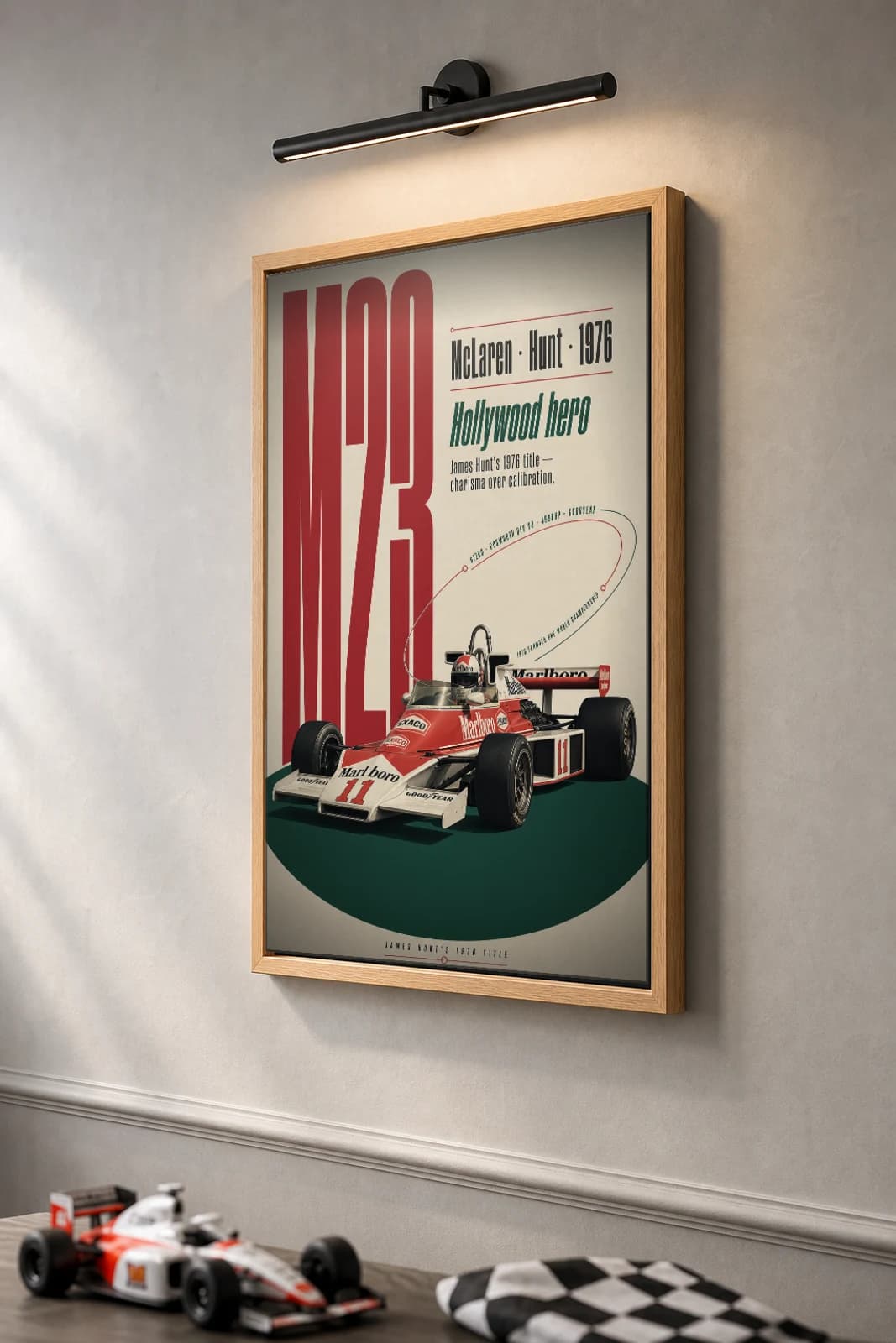 James Hunt — 1976 Hunt vs Lauda showdown Poster — 1976 F1 Grid Editorial Wall Art · framed A2 — the framed print shown at a three-quarter angle on a styled gallery wall in a natural-oak frame
