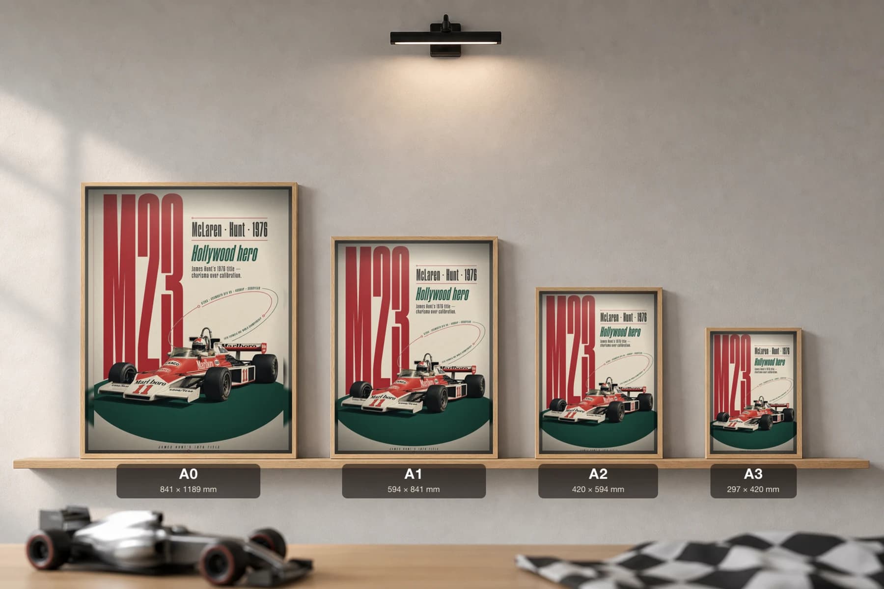 James Hunt — 1976 Hunt vs Lauda showdown Poster — 1976 F1 Grid Editorial Wall Art · framed A2 — print size guide showing the artwork at A0, A1, A2 and A3 in natural-oak frames at true relative scale