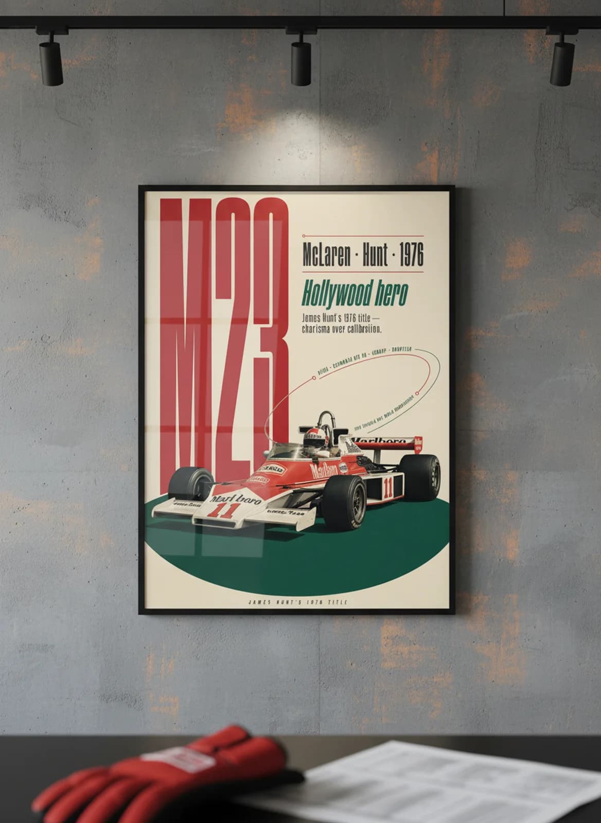 James Hunt — 1976 Hunt vs Lauda showdown F1 Grid print in black A2 frame on gold-seal-accent editorial-slate wall — Formula 1 media room mockup