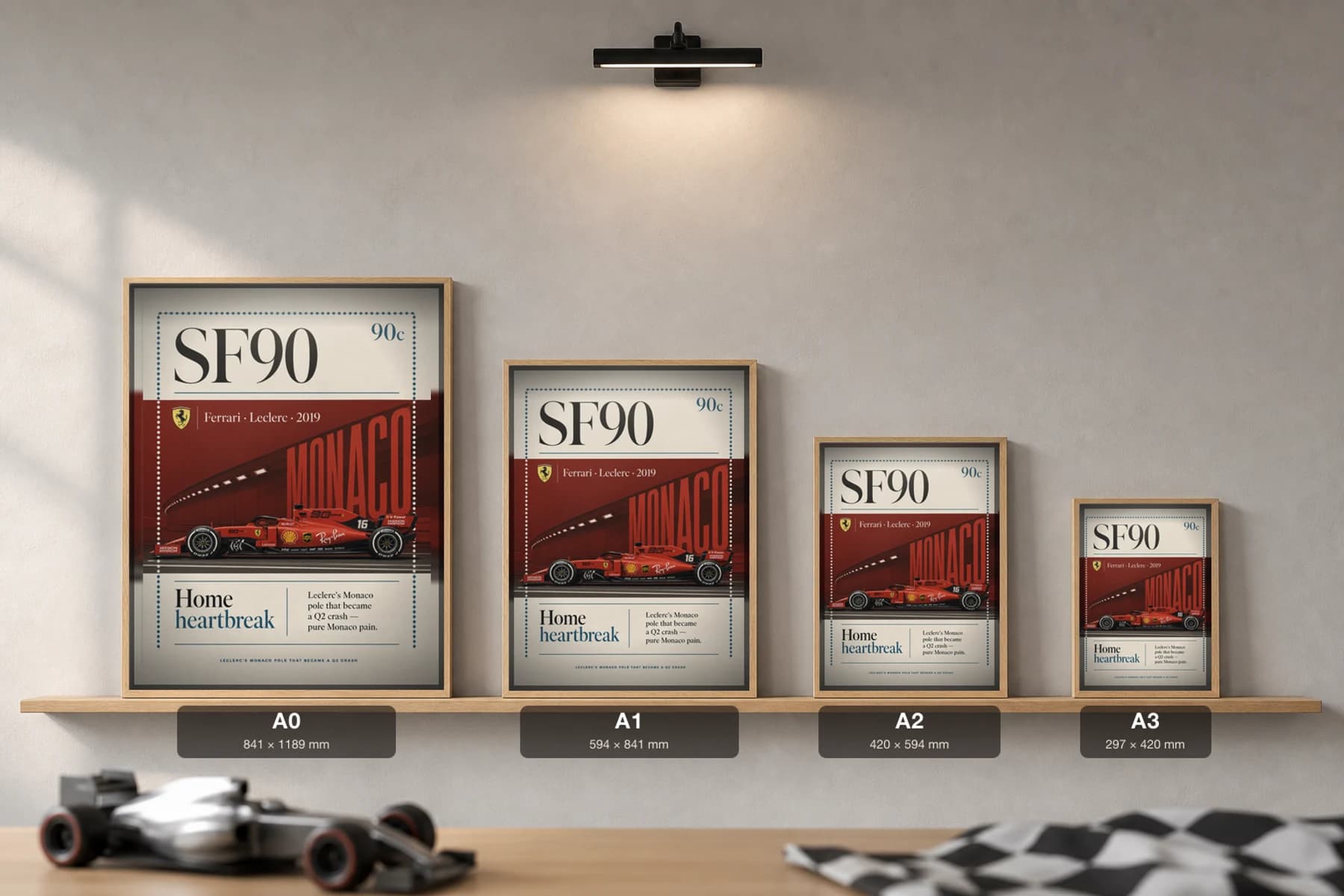 Charles Leclerc — Monaco 2019 Ferrari pole heartbreak Poster — 2019 F1 Grid Editorial Wall Art · framed A2 — print size guide showing the artwork at A0, A1, A2 and A3 in natural-oak frames at true relative scale