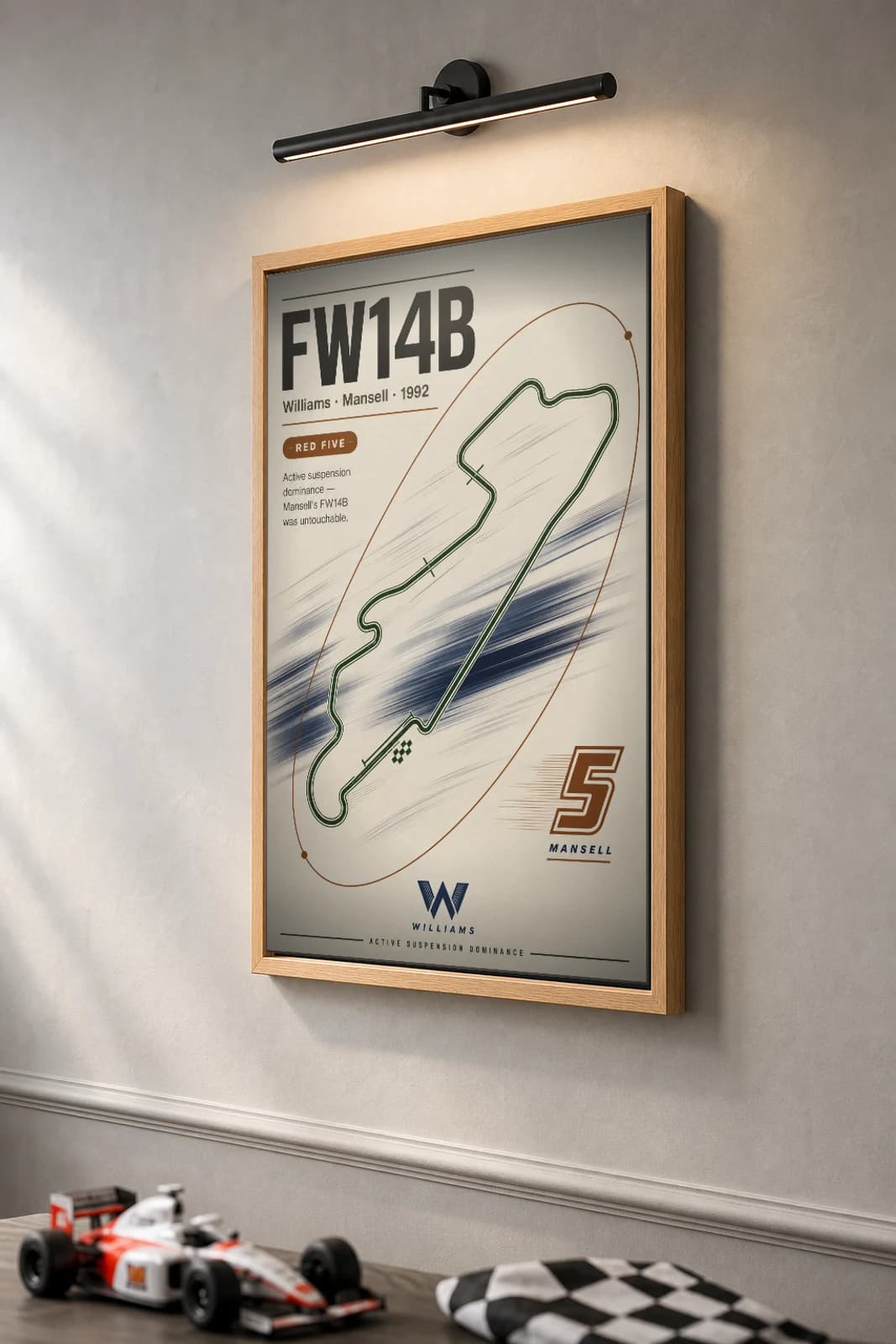 Nigel Mansell — Williams FW14B active-ride era Poster — 1992 F1 Grid Editorial Wall Art · framed A2 — the framed print shown at a three-quarter angle on a styled gallery wall in a natural-oak frame
