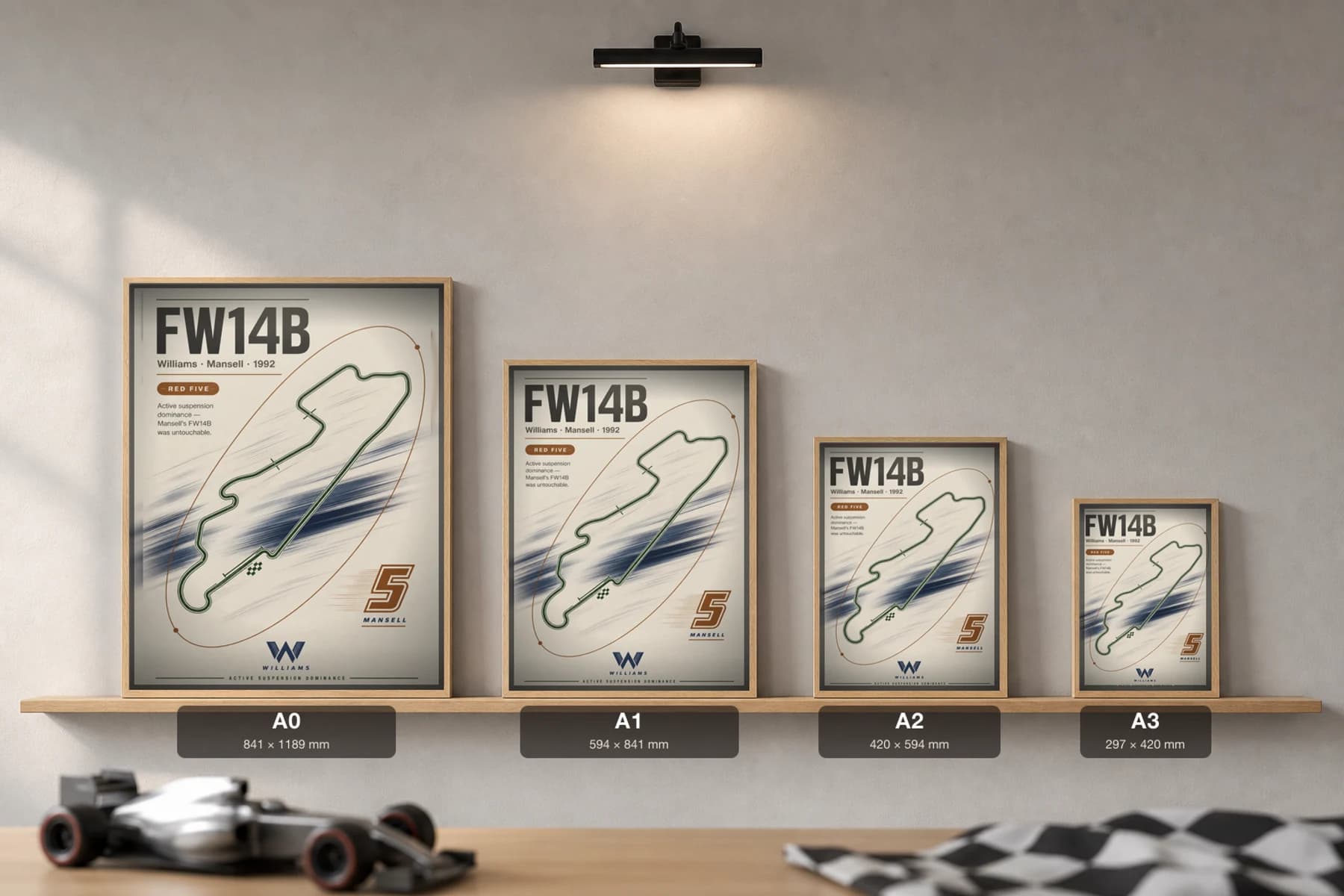 Nigel Mansell — Williams FW14B active-ride era Poster — 1992 F1 Grid Editorial Wall Art · framed A2 — print size guide showing the artwork at A0, A1, A2 and A3 in natural-oak frames at true relative scale