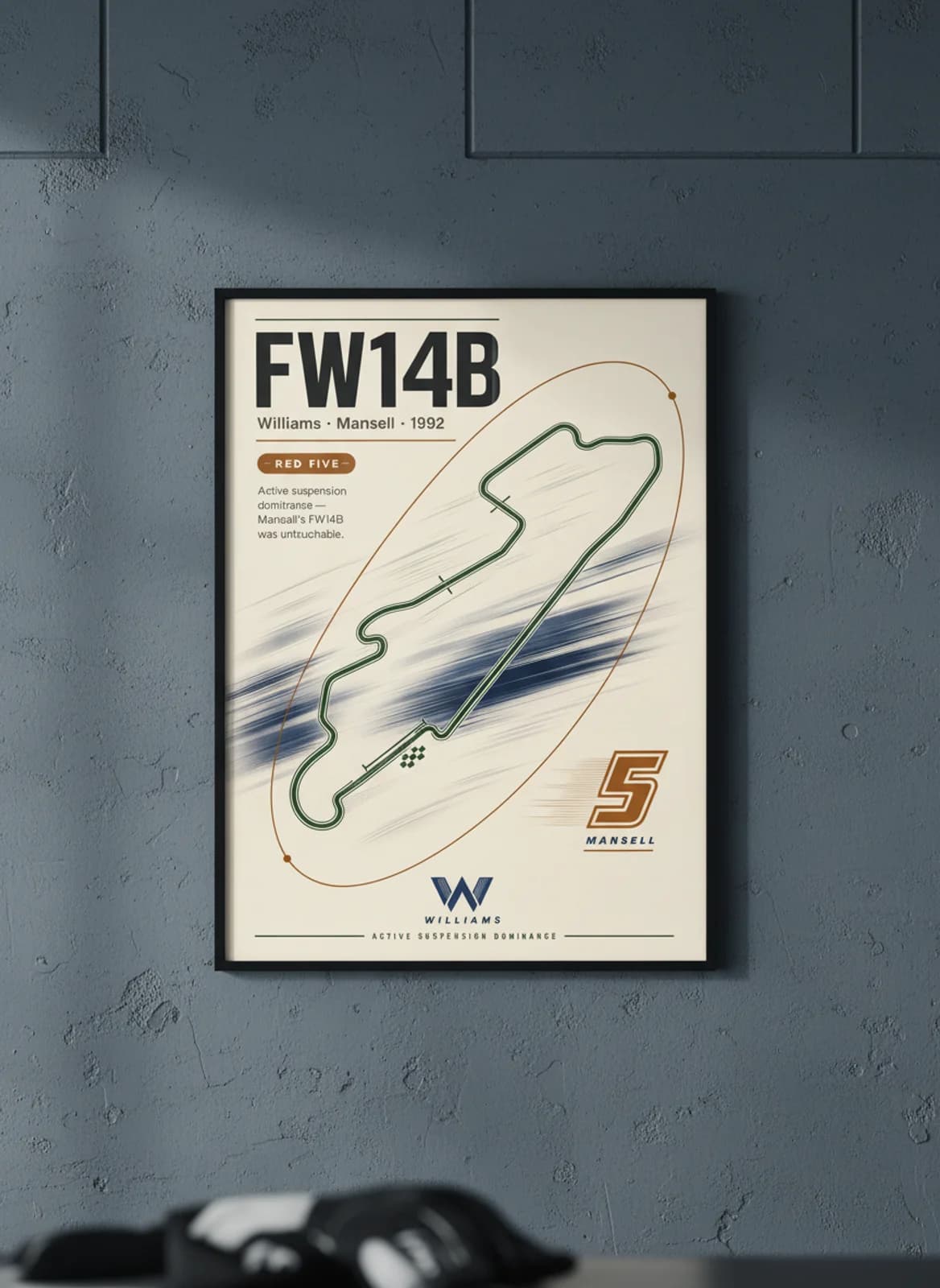 Nigel Mansell — Williams FW14B active-ride era F1 Grid print in black A2 frame on gold-seal-accent editorial-slate wall — Formula 1 media room mockup