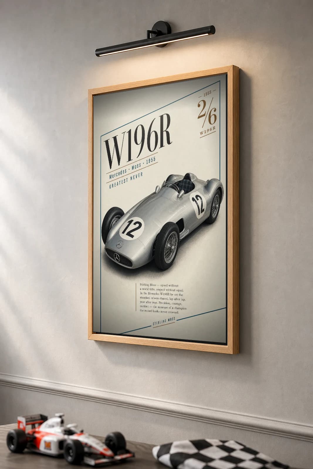 Stirling Moss — Moss Mercedes W196r Poster — Heritage F1 Grid Editorial Wall Art · framed A2 — the framed print shown at a three-quarter angle on a styled gallery wall in a natural-oak frame