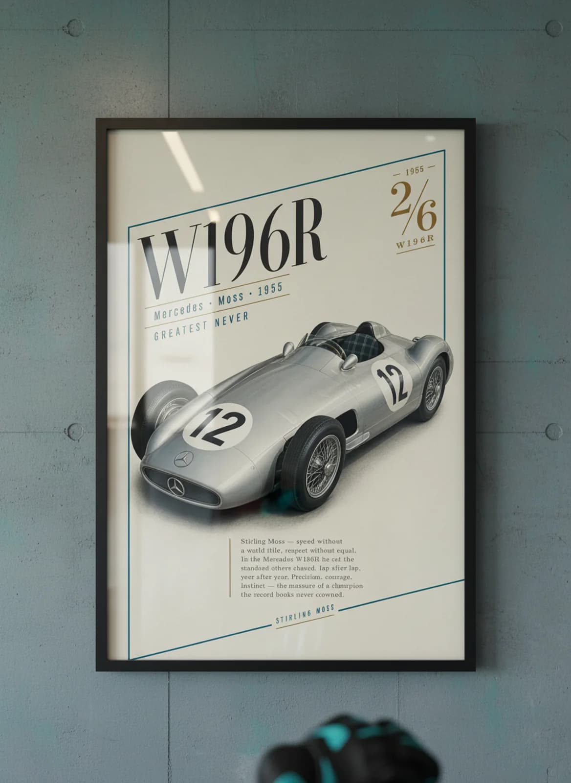 Stirling Moss — Moss Mercedes W196r F1 Grid print in black A2 frame on gold-seal-accent editorial-slate wall — Formula 1 media room mockup