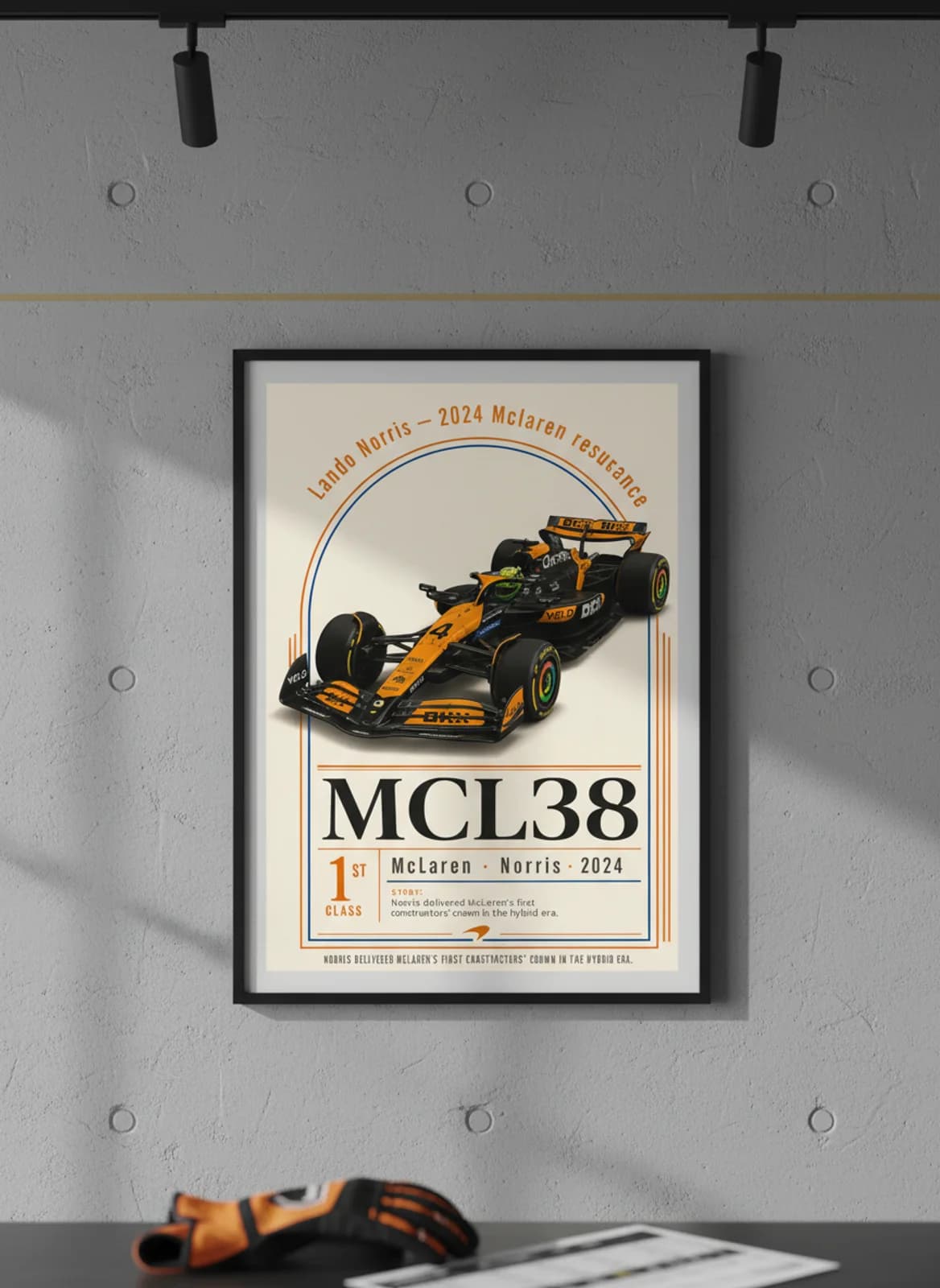Lando Norris — 2024 McLaren resurgence F1 Grid print in black A2 frame on gold-seal-accent editorial-slate wall — Formula 1 media room mockup