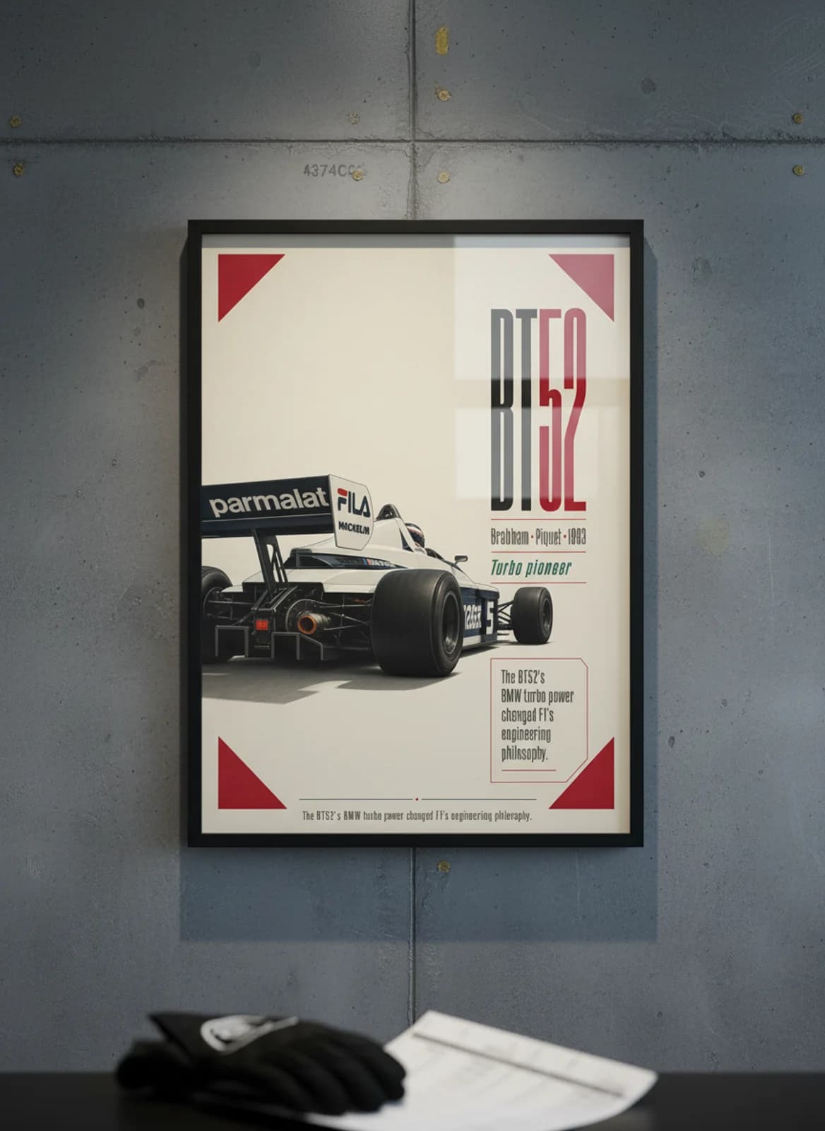 Nelson Piquet — Brabham BT52 turbo title F1 Grid print in black A2 frame on gold-seal-accent editorial-slate wall — Formula 1 media room mockup