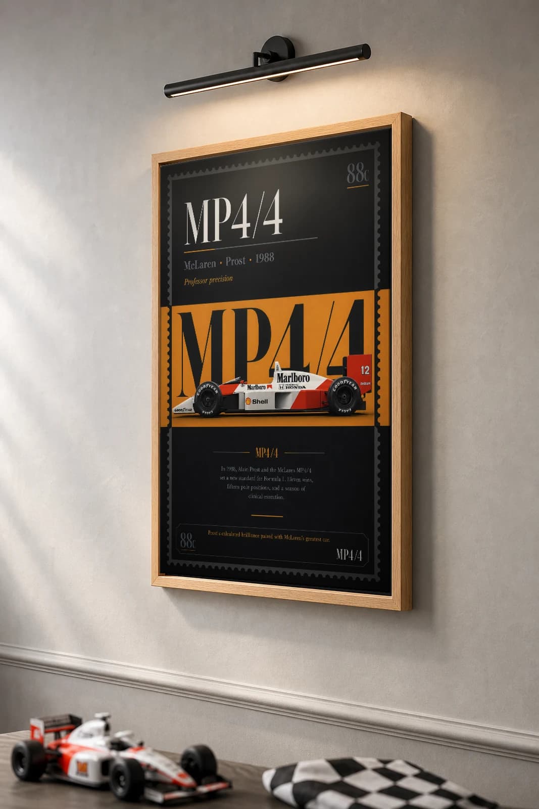 Alain Prost — 1988 MP4/4 title duel Poster — 1988 F1 Grid Editorial Wall Art · framed A2 — the framed print shown at a three-quarter angle on a styled gallery wall in a natural-oak frame