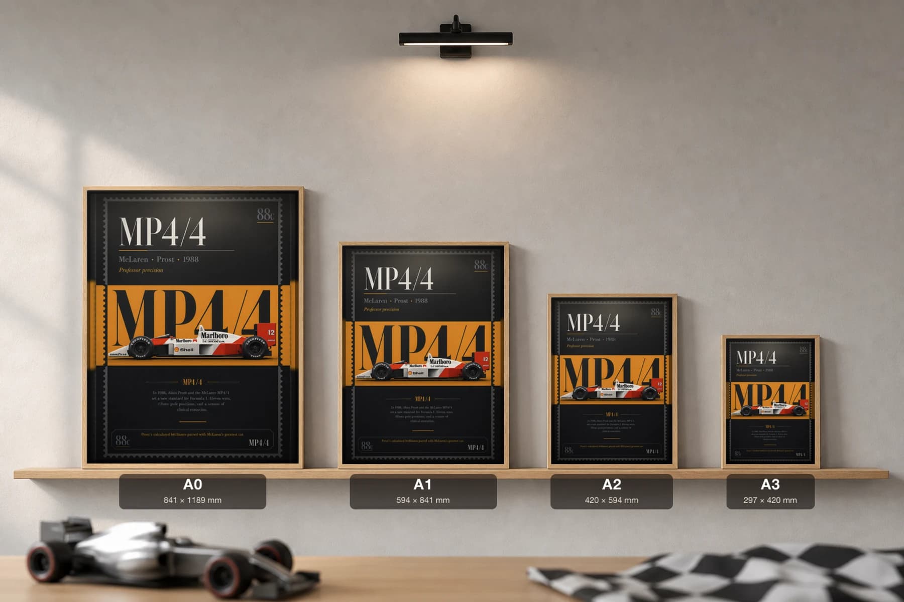 Alain Prost — 1988 MP4/4 title duel Poster — 1988 F1 Grid Editorial Wall Art · framed A2 — print size guide showing the artwork at A0, A1, A2 and A3 in natural-oak frames at true relative scale