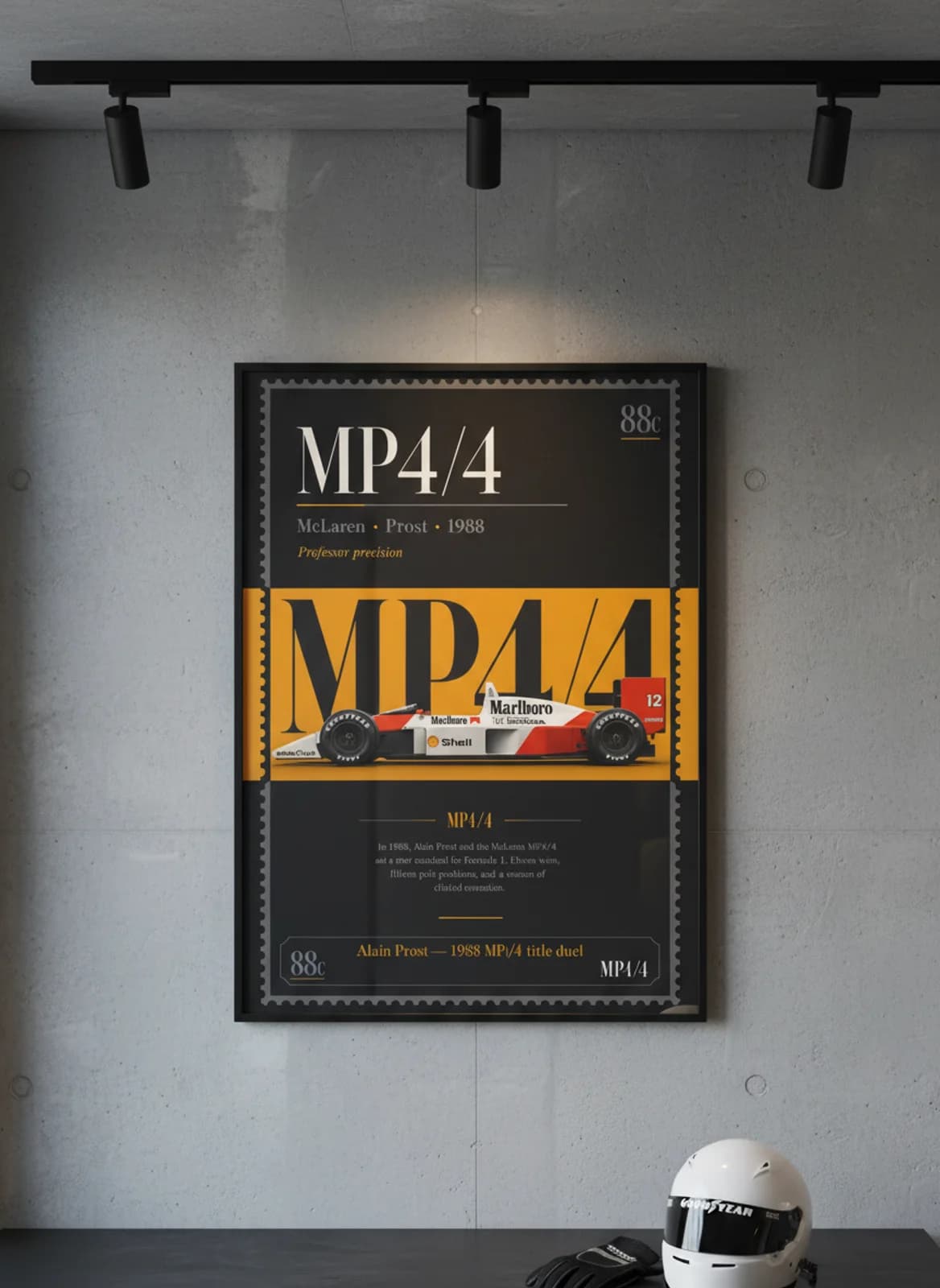 Alain Prost — 1988 MP4/4 title duel F1 Grid print in black A2 frame on gold-seal-accent editorial-slate wall — Formula 1 media room mockup