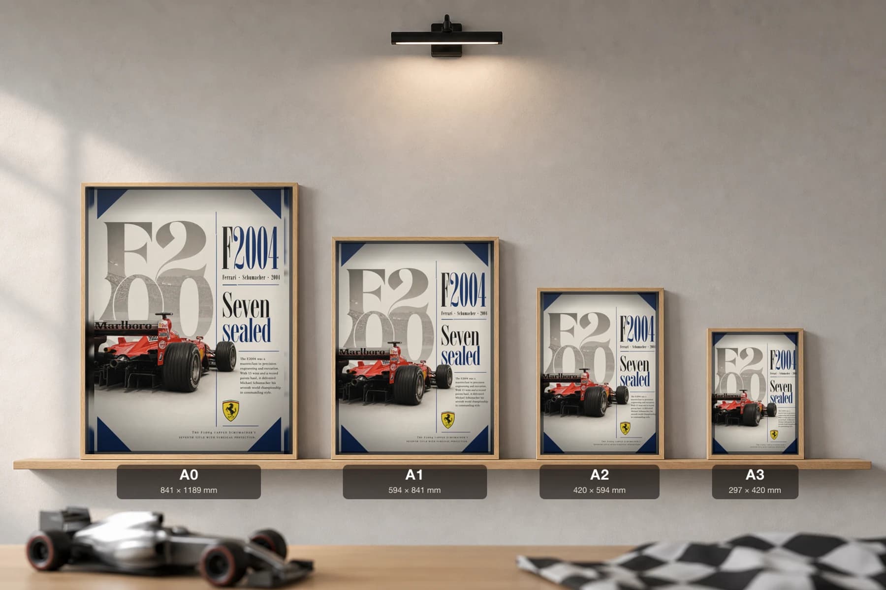 Michael Schumacher — Ferrari F2004 perfection Poster — 2004 F1 Grid Editorial Wall Art · framed A2 — print size guide showing the artwork at A0, A1, A2 and A3 in natural-oak frames at true relative scale