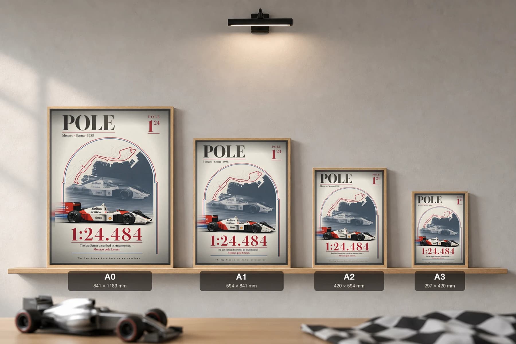 Ayrton Senna — Monaco 1988 pole lap — transcendental qualifying Poster — 1988 F1 Grid Editorial Wall Art · framed A2 — print size guide showing the artwork at A0, A1, A2 and A3 in natural-oak frames at true relative scale
