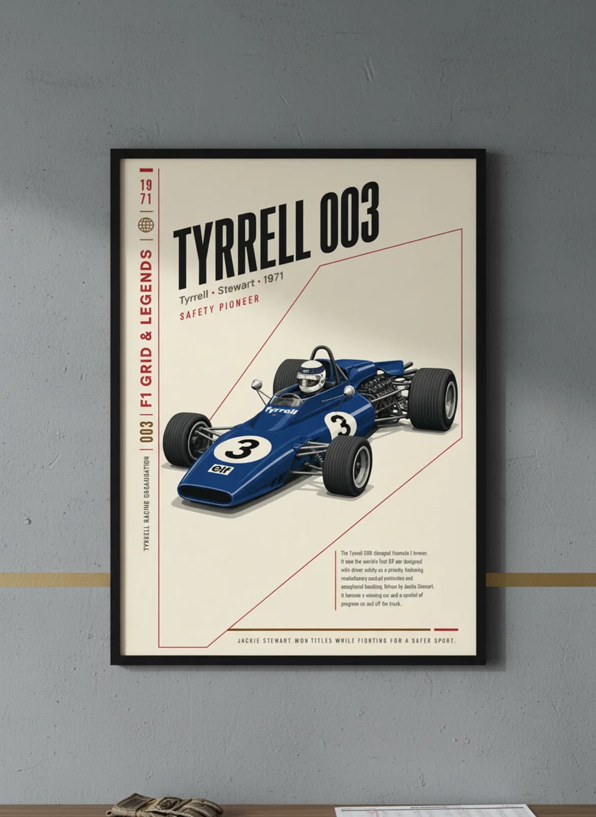 Jackie Stewart — Tyrrell 003 safety era F1 Grid print in black A2 frame on gold-seal-accent editorial-slate wall — Formula 1 media room mockup